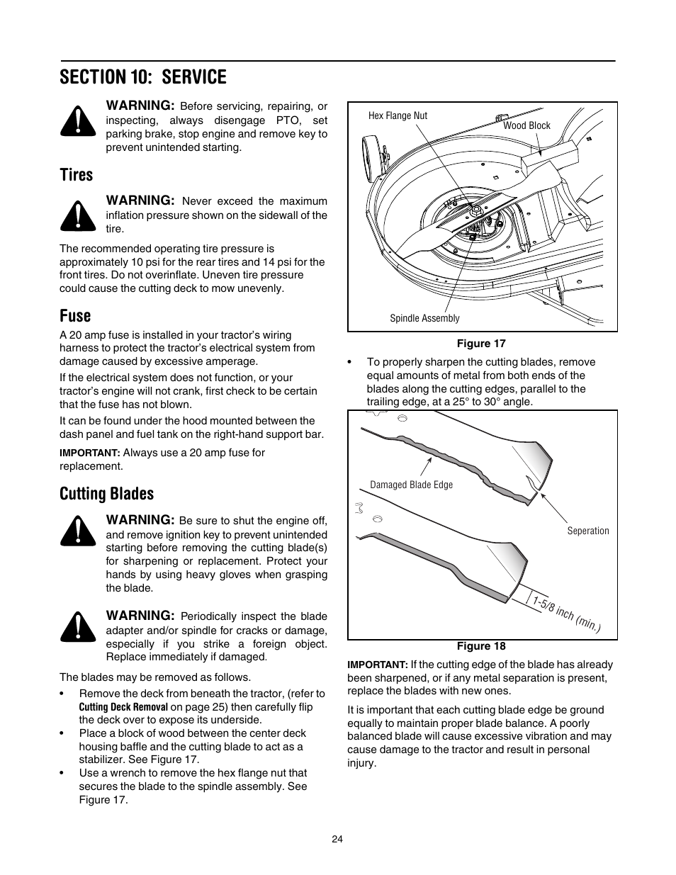 Section 10: service, Tires, Fuse | Cutting blades, 24 f | Toro 14AP80RP744 User Manual | Page 24 / 32