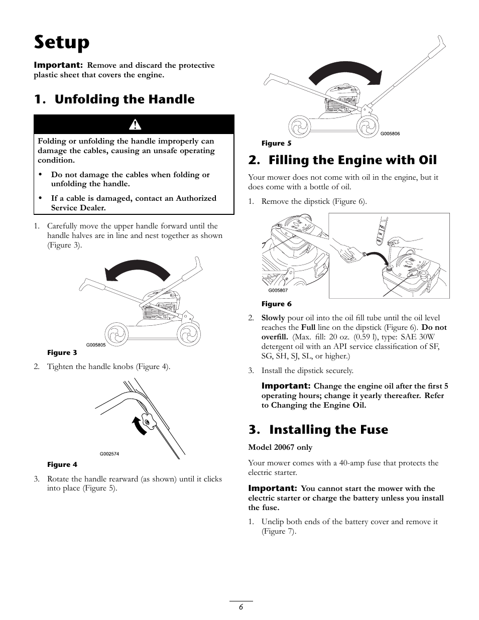 Setup, Unfolding the handle, Filling the engine with oil | Installing the fuse | Toro 20067 User Manual | Page 6 / 20