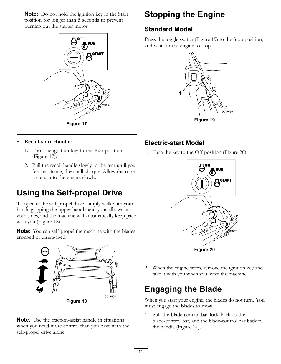 Using the self-propel drive, Stopping the engine, Engaging the blade | Standard model, Electric-start model | Toro Timemaster 20199 User Manual | Page 11 / 28