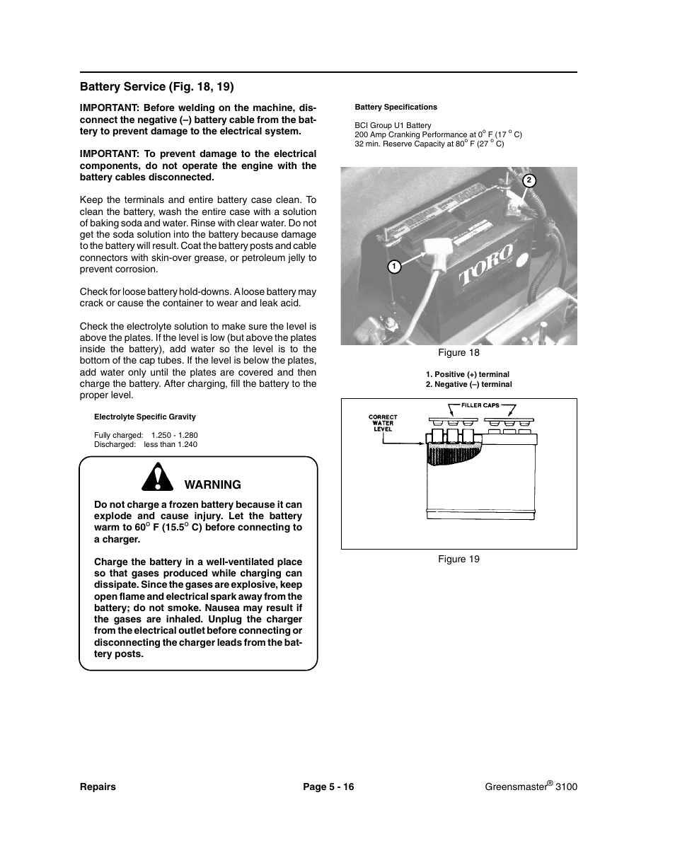 Battery service (fig. 18, 19), Warning | Toro GREENSMASTER 3100 User Manual | Page 124 / 234