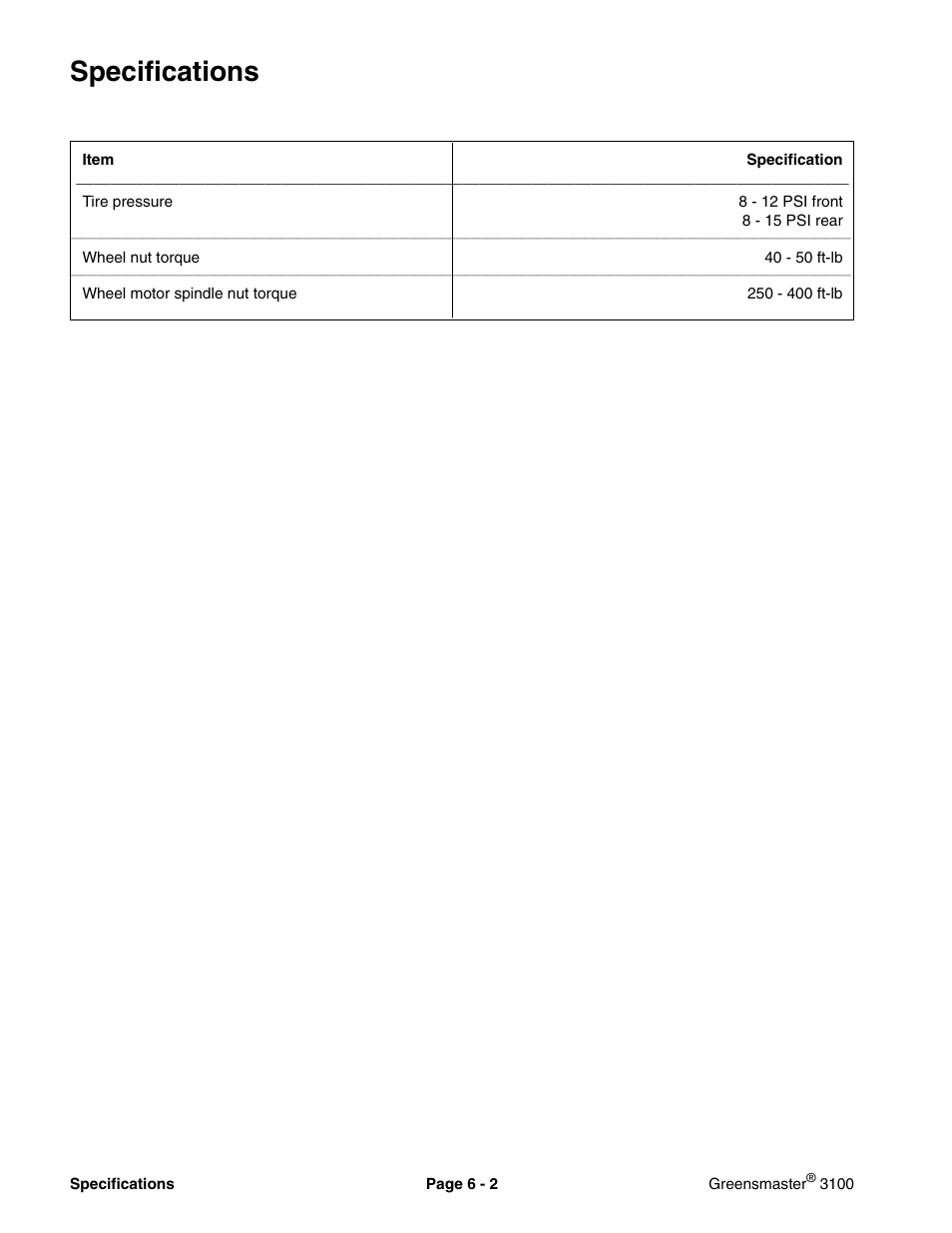 Specifications | Toro GREENSMASTER 3100 User Manual | Page 126 / 234