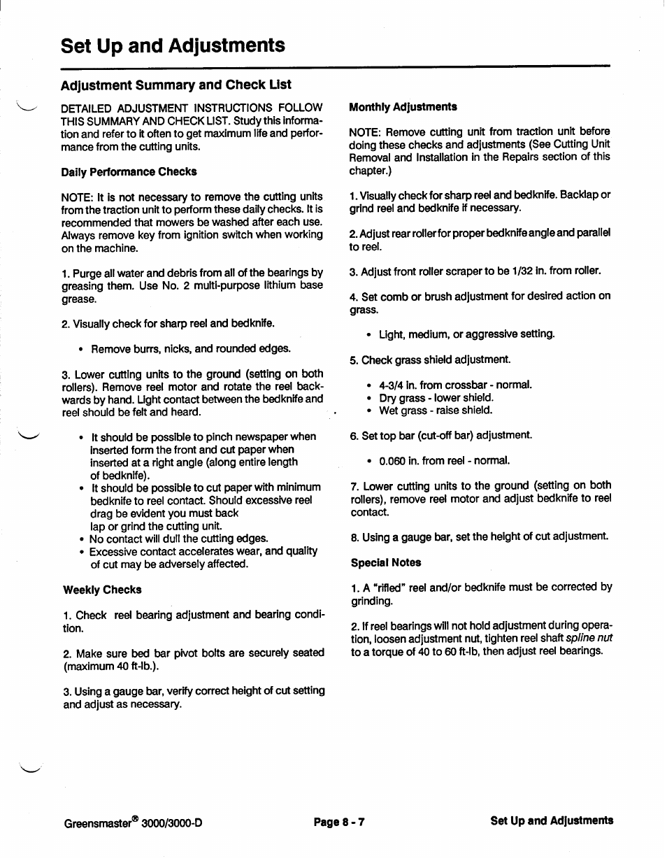 Set-up and adjustments | Toro GREENSMASTER 3100 User Manual | Page 137 / 234