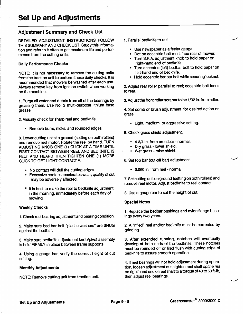 Set-up and adjustments | Toro GREENSMASTER 3100 User Manual | Page 158 / 234