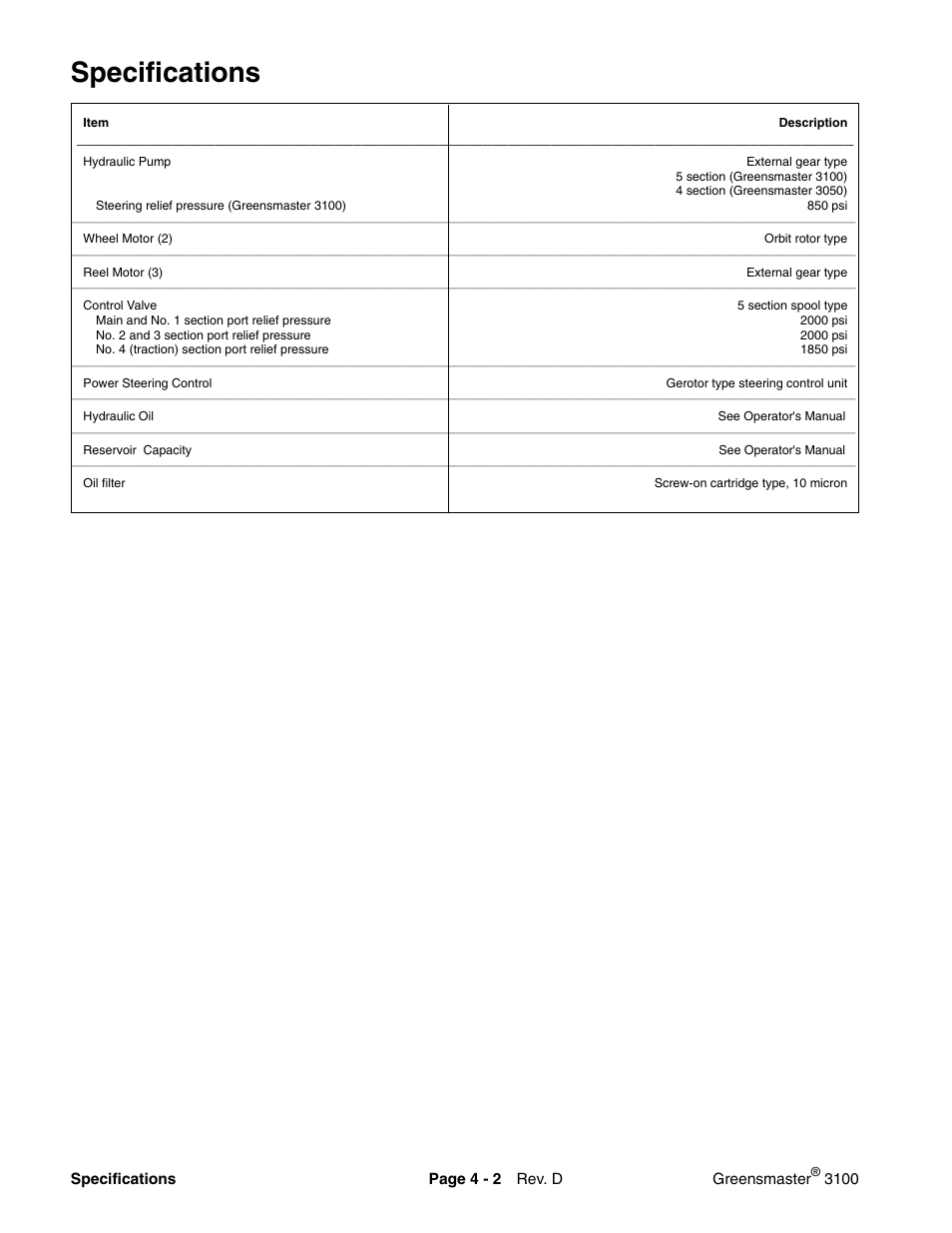 Specifications | Toro GREENSMASTER 3100 User Manual | Page 20 / 234