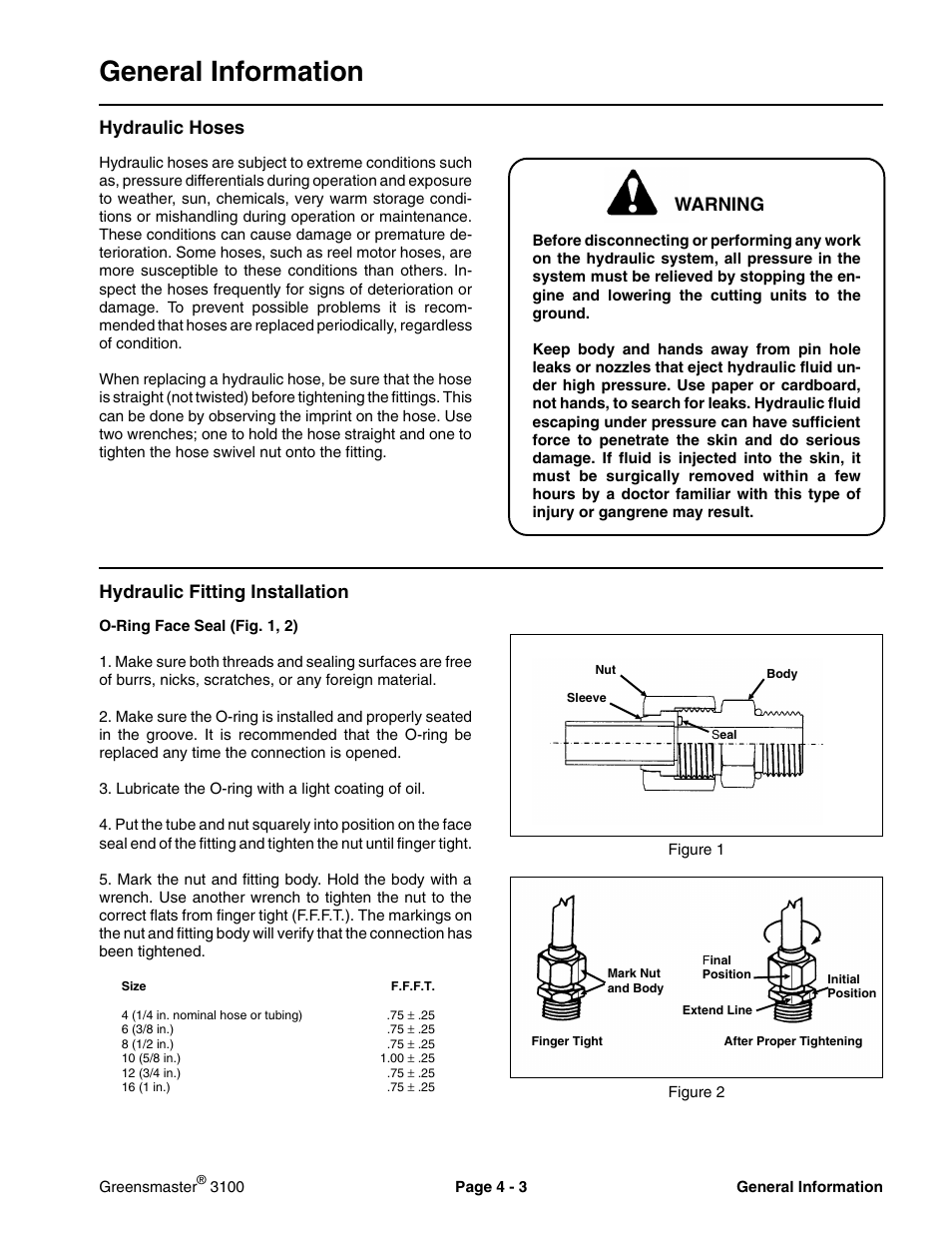 General info, General information, Hydraulic hoses | Hydraulic fitting installation, Warning | Toro GREENSMASTER 3100 User Manual | Page 21 / 234