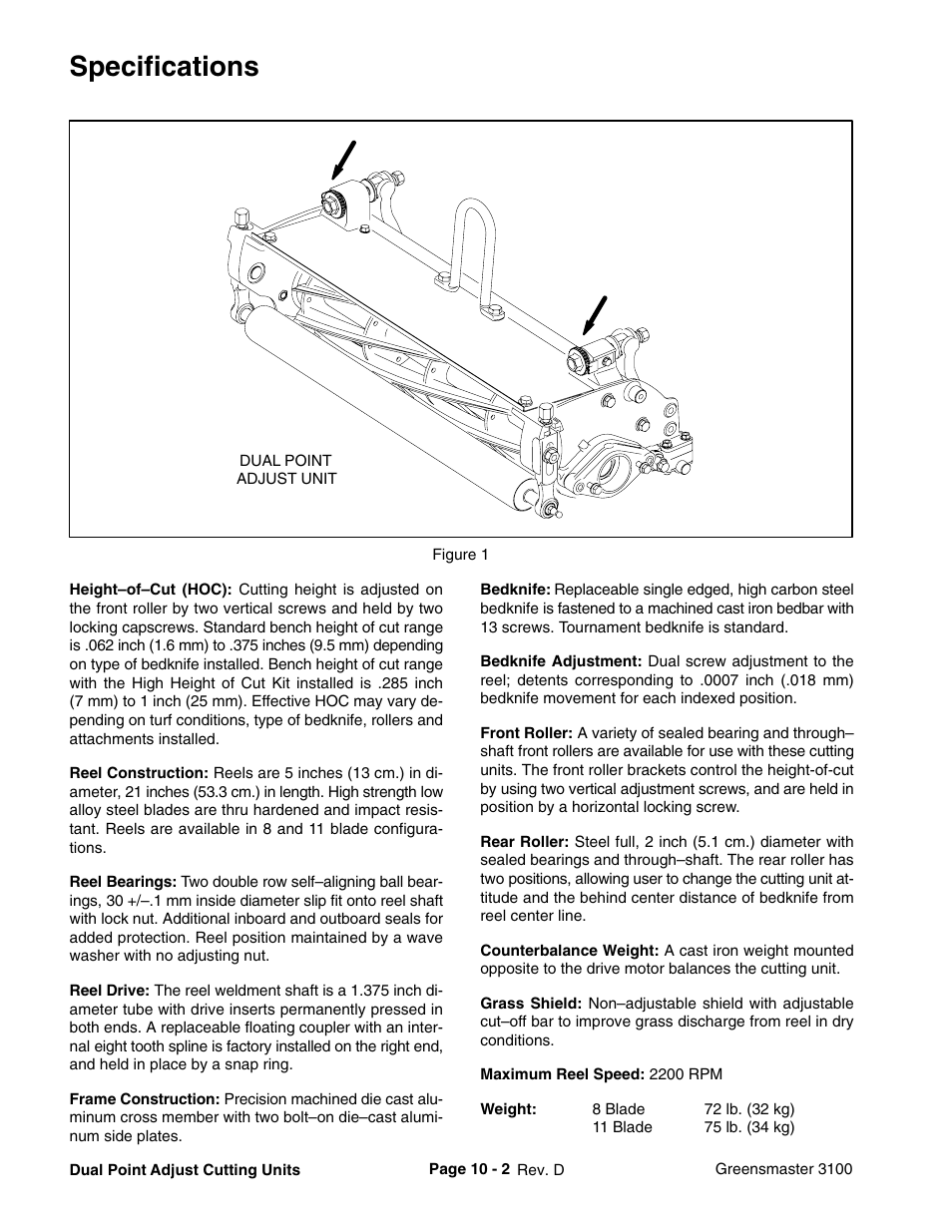 Specifications | Toro GREENSMASTER 3100 User Manual | Page 212 / 234