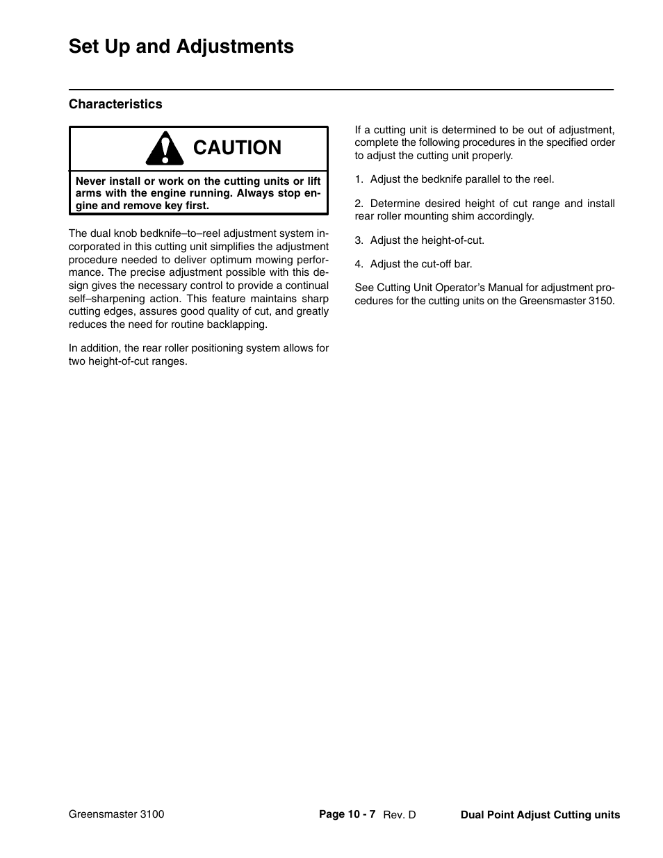 Set up and adjustments, Caution | Toro GREENSMASTER 3100 User Manual | Page 217 / 234