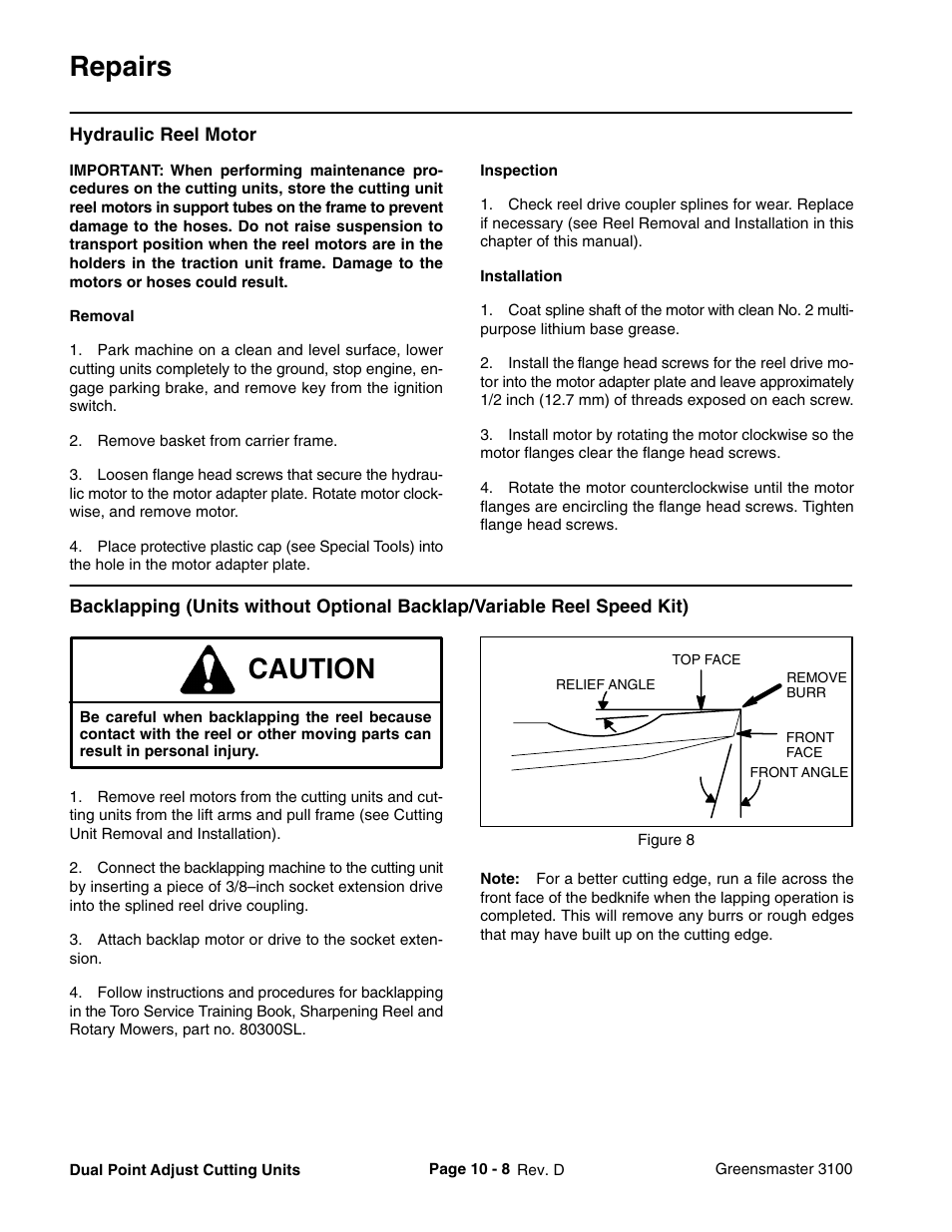 Repairs, Caution | Toro GREENSMASTER 3100 User Manual | Page 218 / 234