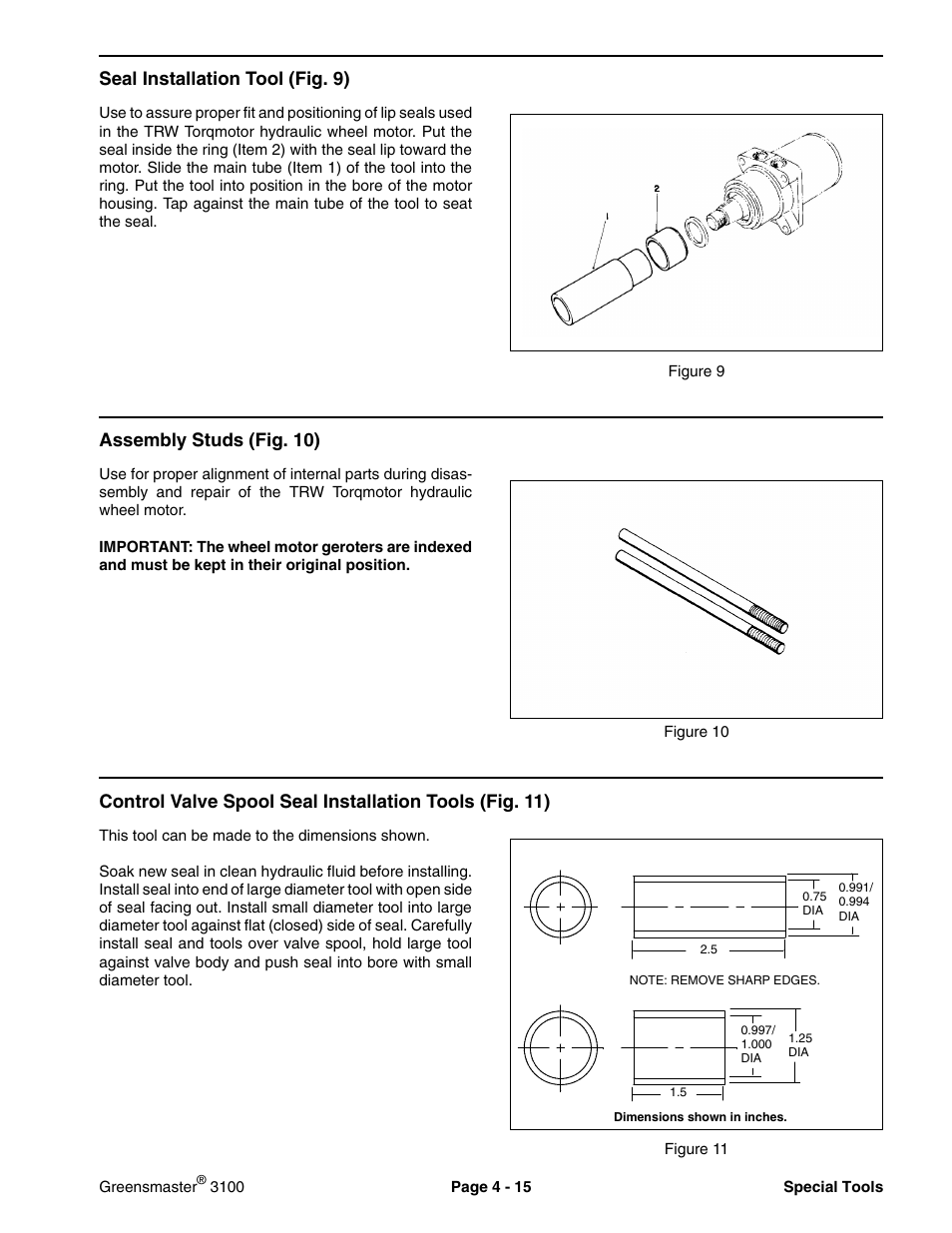 Seal installation tool (fig. 9), Assembly studs (fig. 10) | Toro GREENSMASTER 3100 User Manual | Page 37 / 234