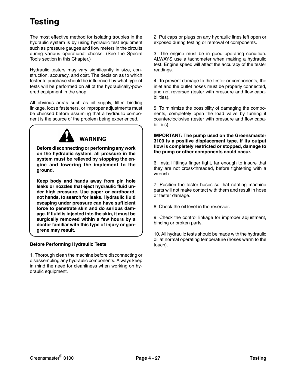 Testing | Toro GREENSMASTER 3100 User Manual | Page 49 / 234