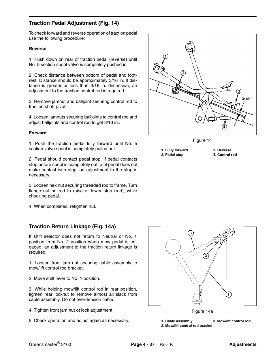 Traction pedal adjustment (fig. 14), Traction return linkage (fig. 14a) | Toro GREENSMASTER 3100 User Manual | Page 59 / 234