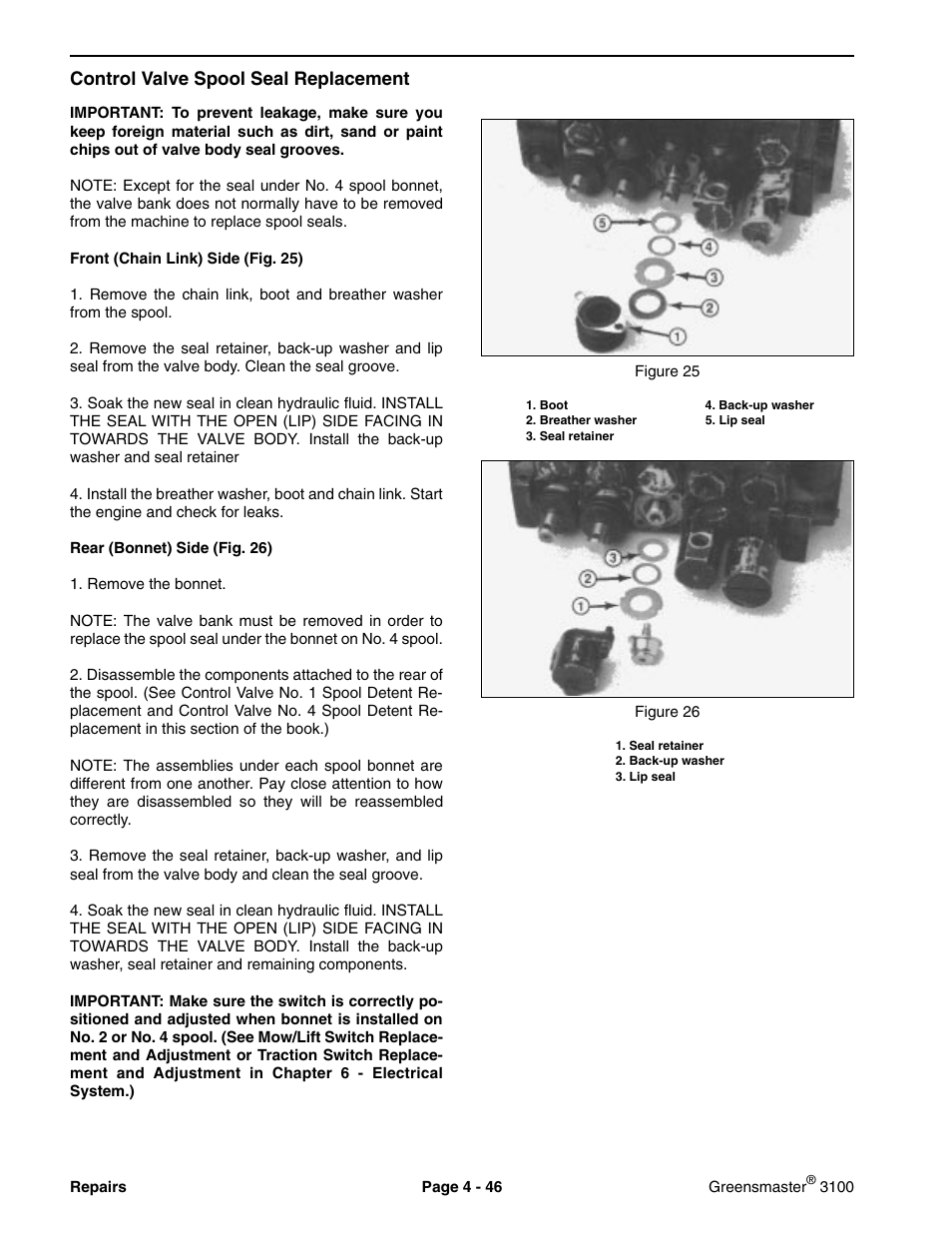 Control valve spool seal replacement | Toro GREENSMASTER 3100 User Manual | Page 74 / 234