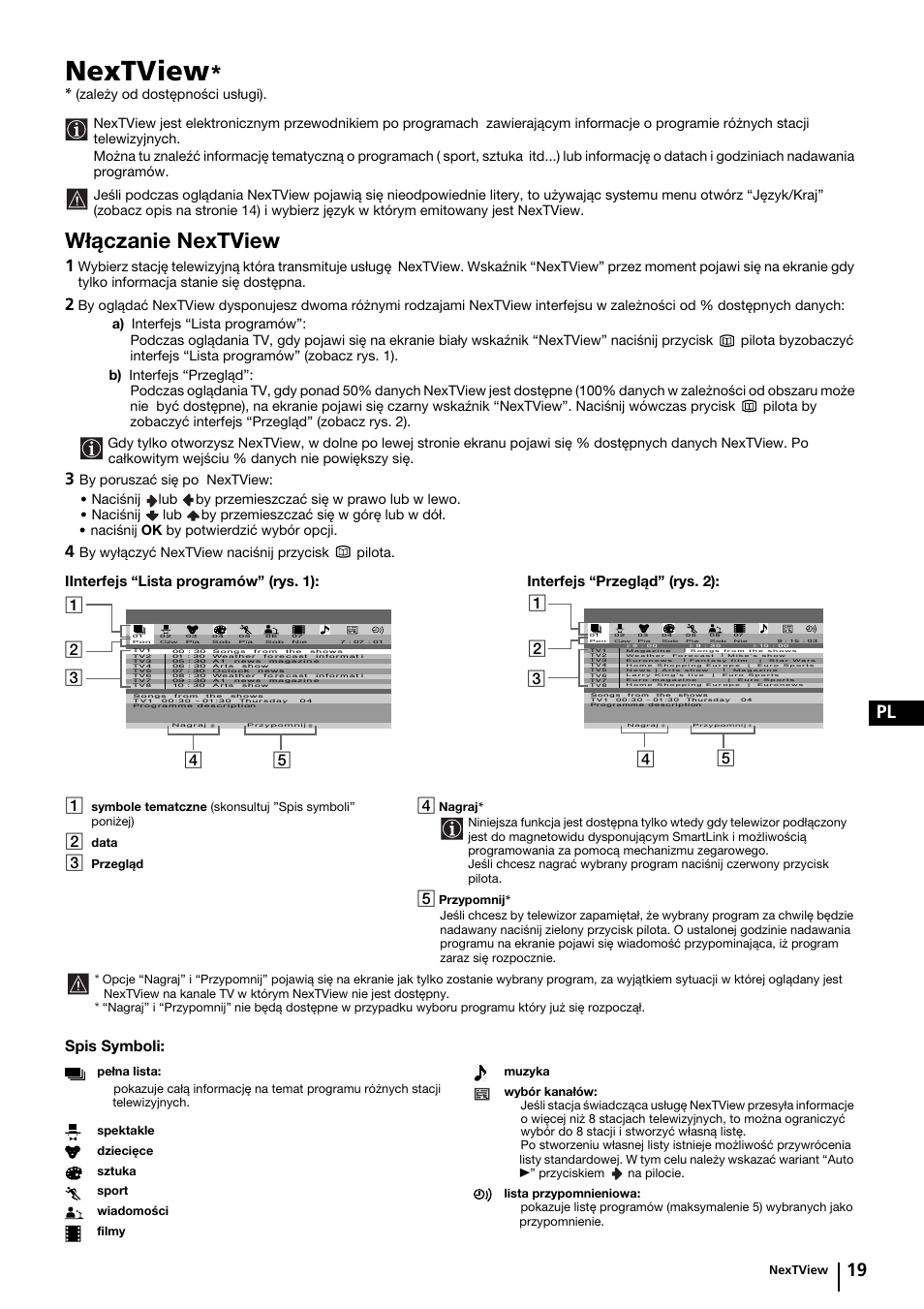 Nextview, Włączanie nextview, 19 pl | Spis symboli: 1 | Sony KP-44PX2 User Manual | Page 114 / 146