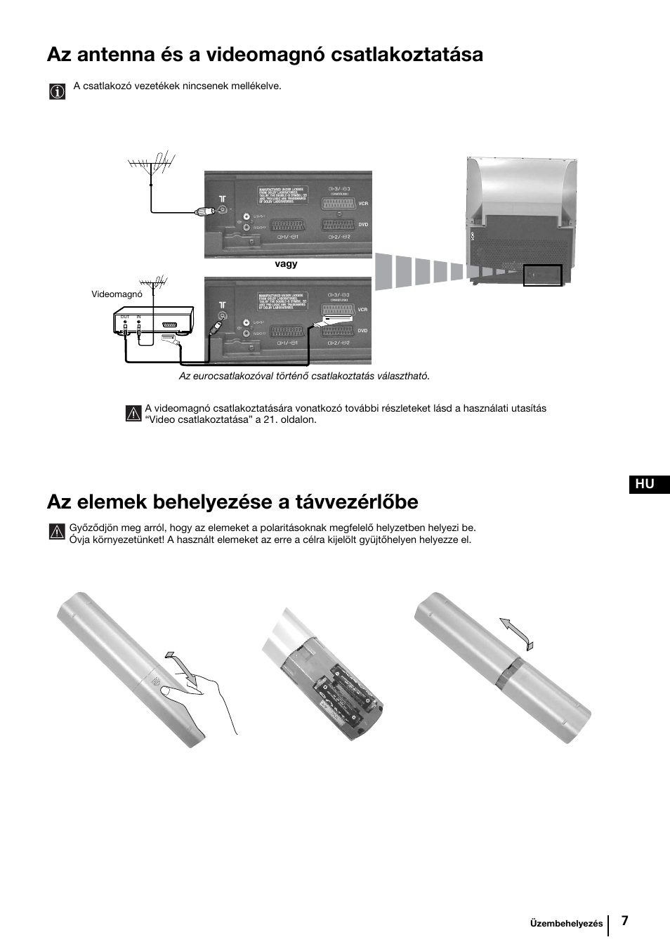 Az antenna és a videomagnó csatlakoztatása, Az elemek behelyezése a távvezérlőbe | Sony KP-44PX2 User Manual | Page 78 / 146