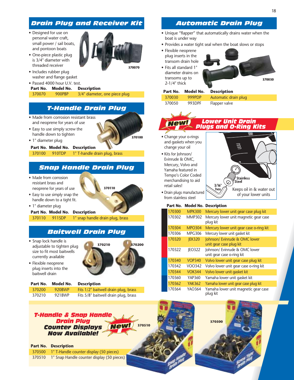 Automatic drain plug, Drain plug and receiver kit, T-handle drain plug | Snap handle drain plug, Lower unit drain plugs and o-ring kits | Tempo vehicle User Manual | Page 19 / 28