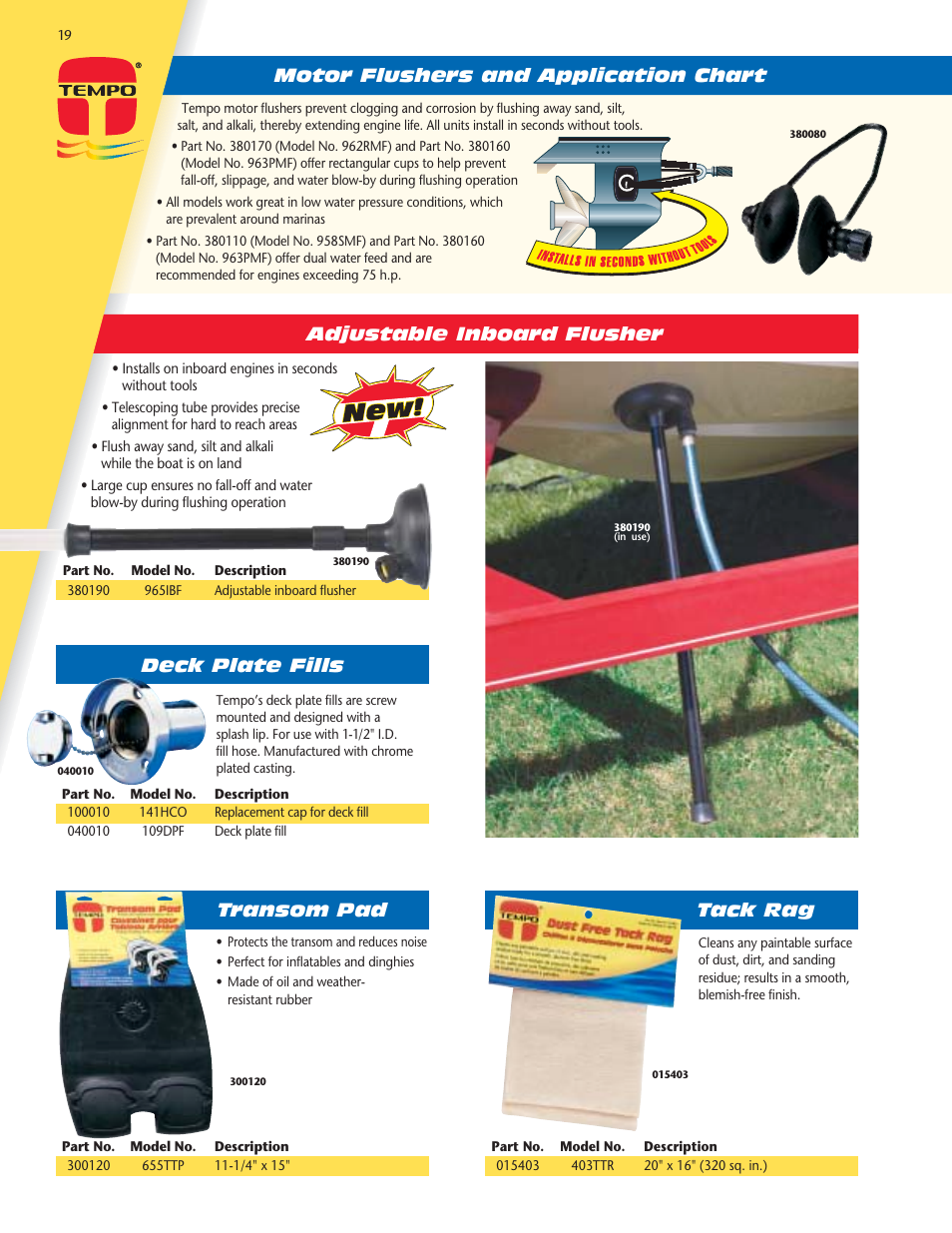 Adjustable inboard flusher, Motor flushers and application chart, Transom pad | Tack rag, Deck plate fills | Tempo vehicle User Manual | Page 20 / 28