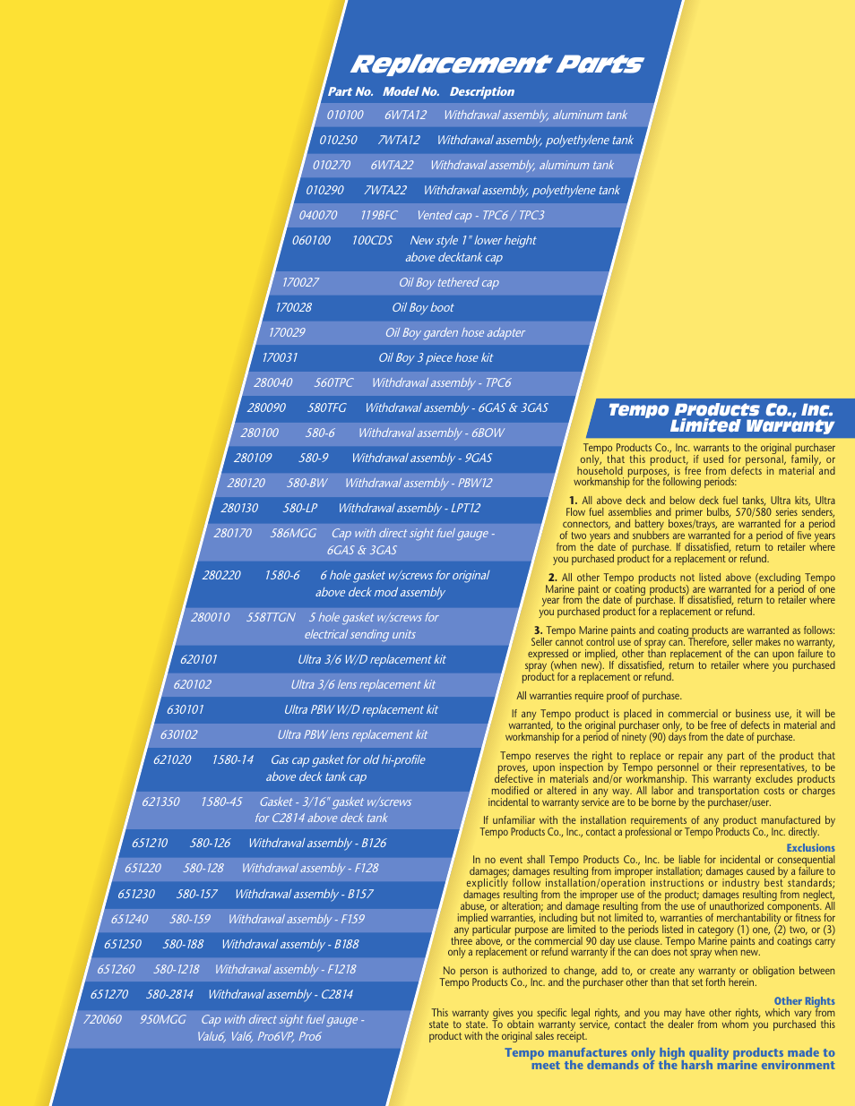 Replacement parts, Tempo products co., inc. limited warranty | Tempo vehicle User Manual | Page 27 / 28