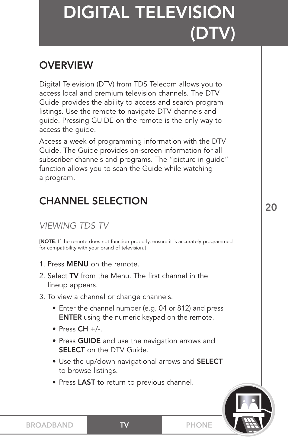 Digital television (dtv), Overview, Channel selection | TV Guide On Screen PHONEBROADBAND TV User Manual | Page 23 / 37