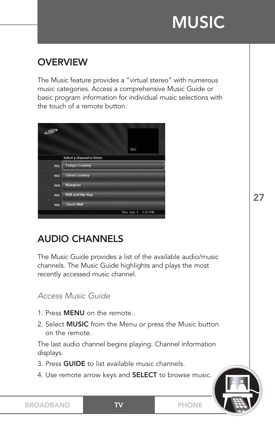 Music, Overview, Audio channels | TV Guide On Screen PHONEBROADBAND TV User Manual | Page 30 / 37