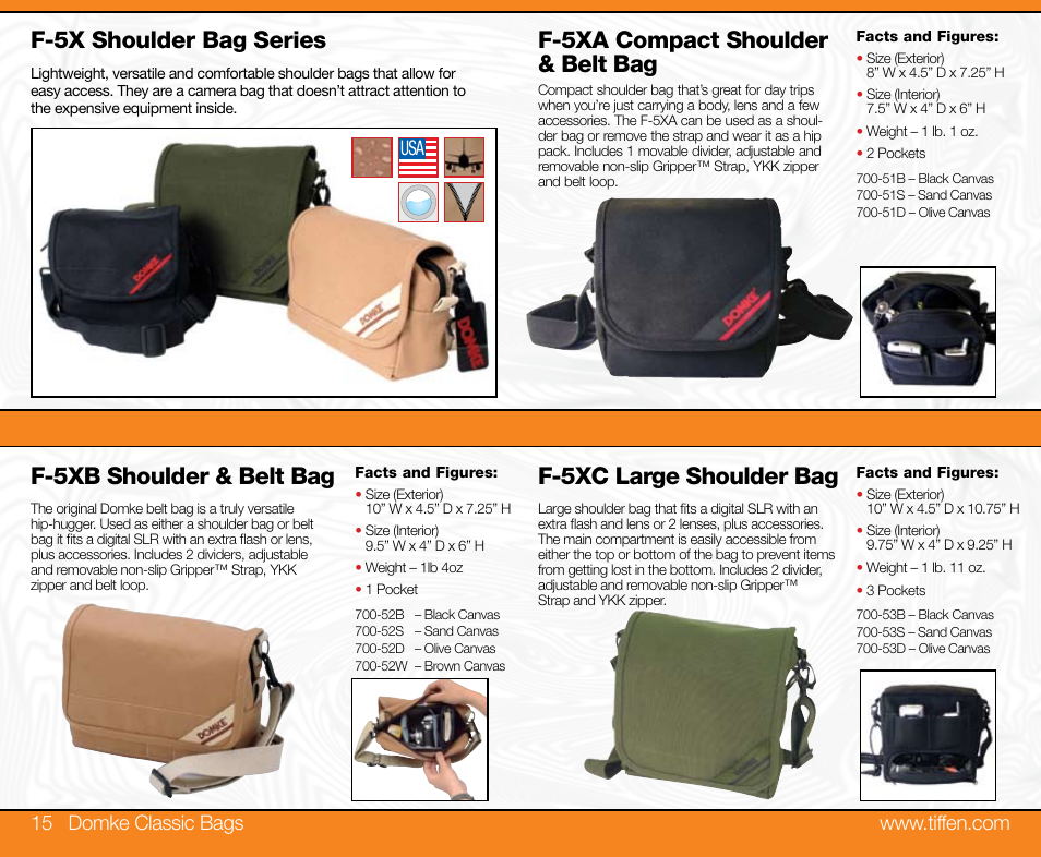 F-5xc large shoulder bag, F-5xb shoulder & belt bag, F-5x shoulder bag series | F-5xa compact shoulder & belt bag | Tiffen Domke User Manual | Page 8 / 24