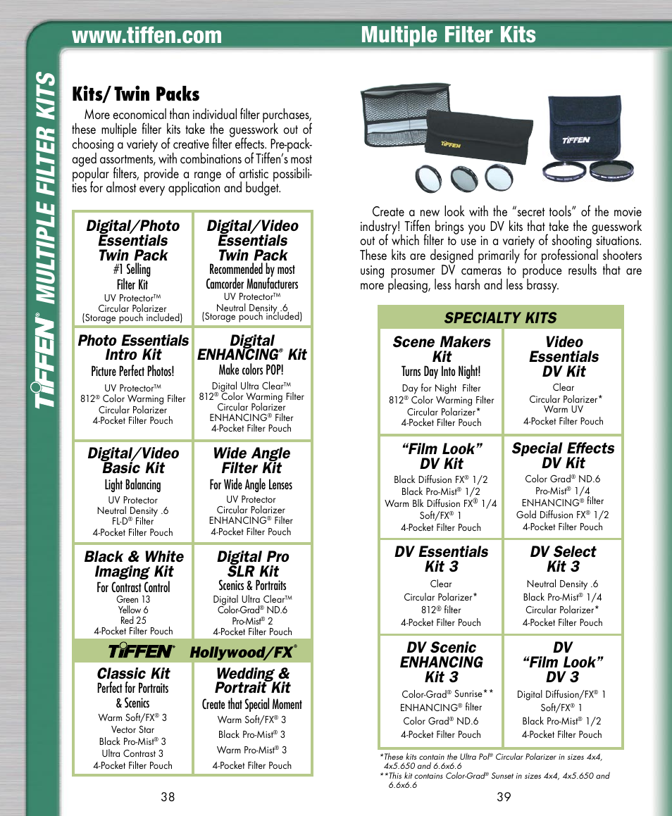Mul tiple fil ter kits, Multiple filter kits, Kits/twin packs | Photo essentials intro kit, Digital enhancing, Digital/video basic kit, Wide angle filter kit, Classic kit, Digital/photo essentials twin pack, Digital/video essentials twin pack | Tiffen Digital Photo Video User Manual | Page 20 / 24