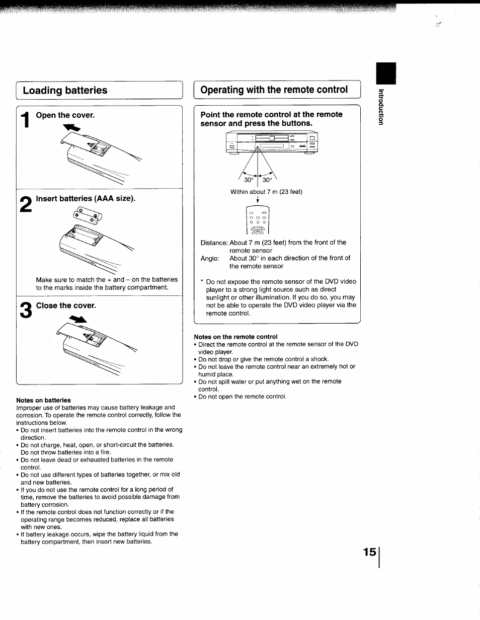 Loading batteries, Notes on batteries, Operating with the remote control | Notes on the remote control, Operating with the remote controi, O o o | Toshiba 79077075 User Manual | Page 15 / 48