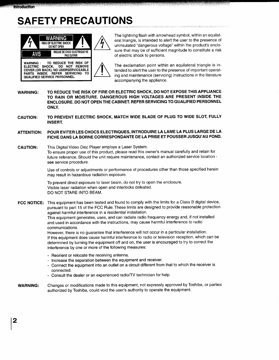 Safety precautions, Warning | Toshiba 79077075 User Manual | Page 2 / 48
