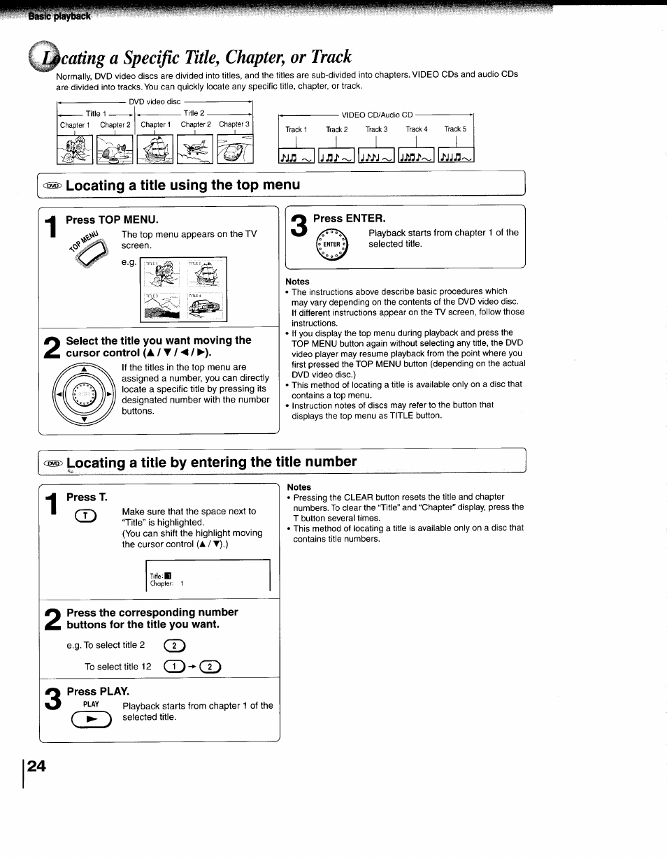 Locating a title using the top menu, Press top menu, Press enter | Notes, Locating a title by entering the title number, Press t, Press play, Locating a titie using the top menu, Si a, Locating a specific title, chapter, or track | Toshiba 79077075 User Manual | Page 24 / 48
