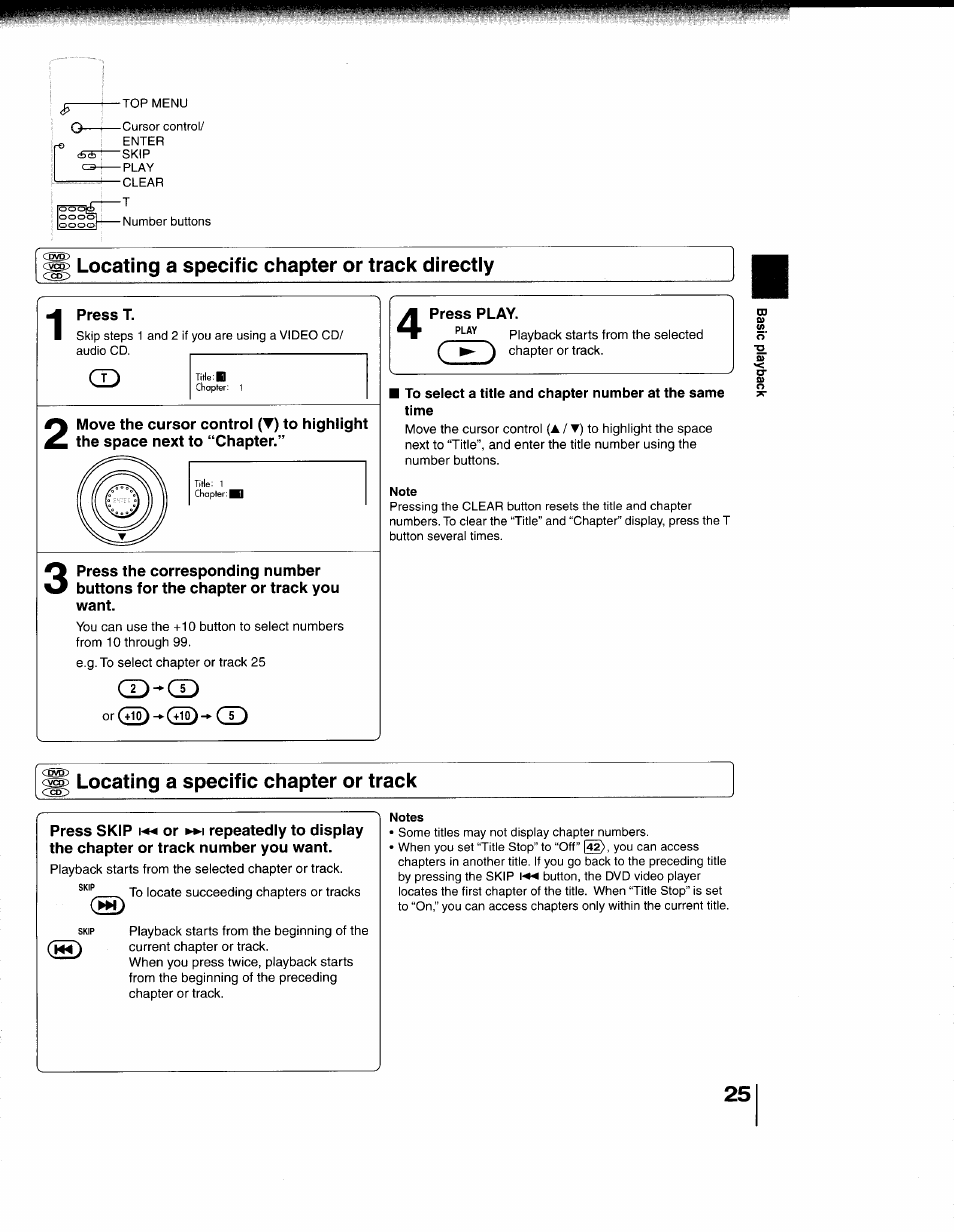 Locating a specific chapter or track directiy, Press t, Press play | Note, Locating a specific chapter or track, Notes | Toshiba 79077075 User Manual | Page 25 / 48