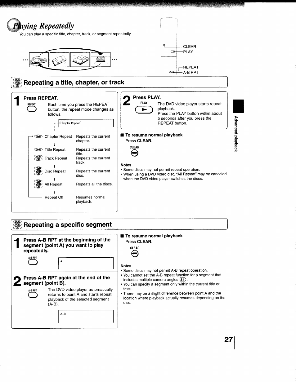 Repeating a title, chapter, or track, Press repeat, Press play | Notes, Repeating a specific segment, Phying repeatedly | Toshiba 79077075 User Manual | Page 27 / 48