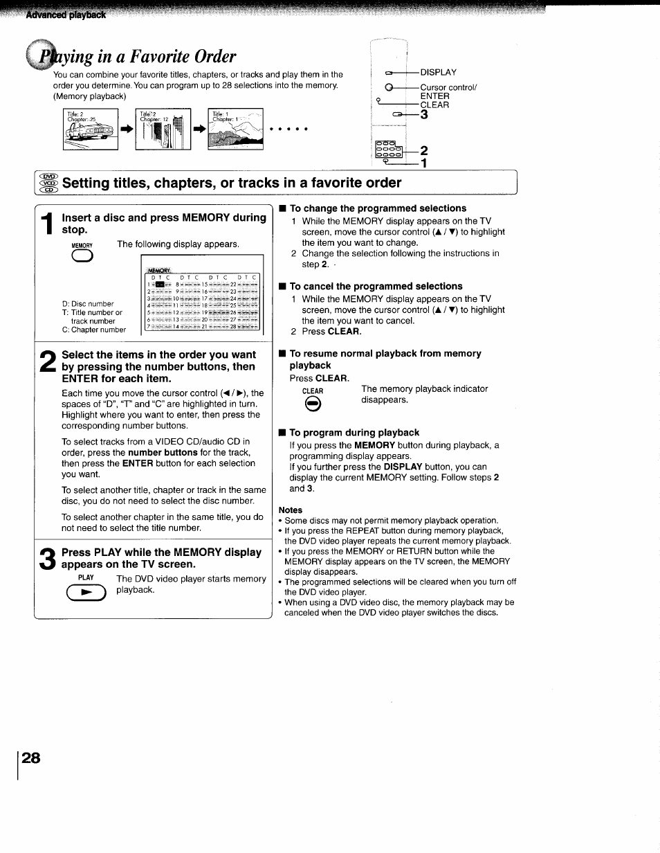 Insert a disc and press memory during stop, Notes, Setting titles, chapters, or tracks in a favorite | Order, Playing in a favorite order, O/gp | Toshiba 79077075 User Manual | Page 28 / 48