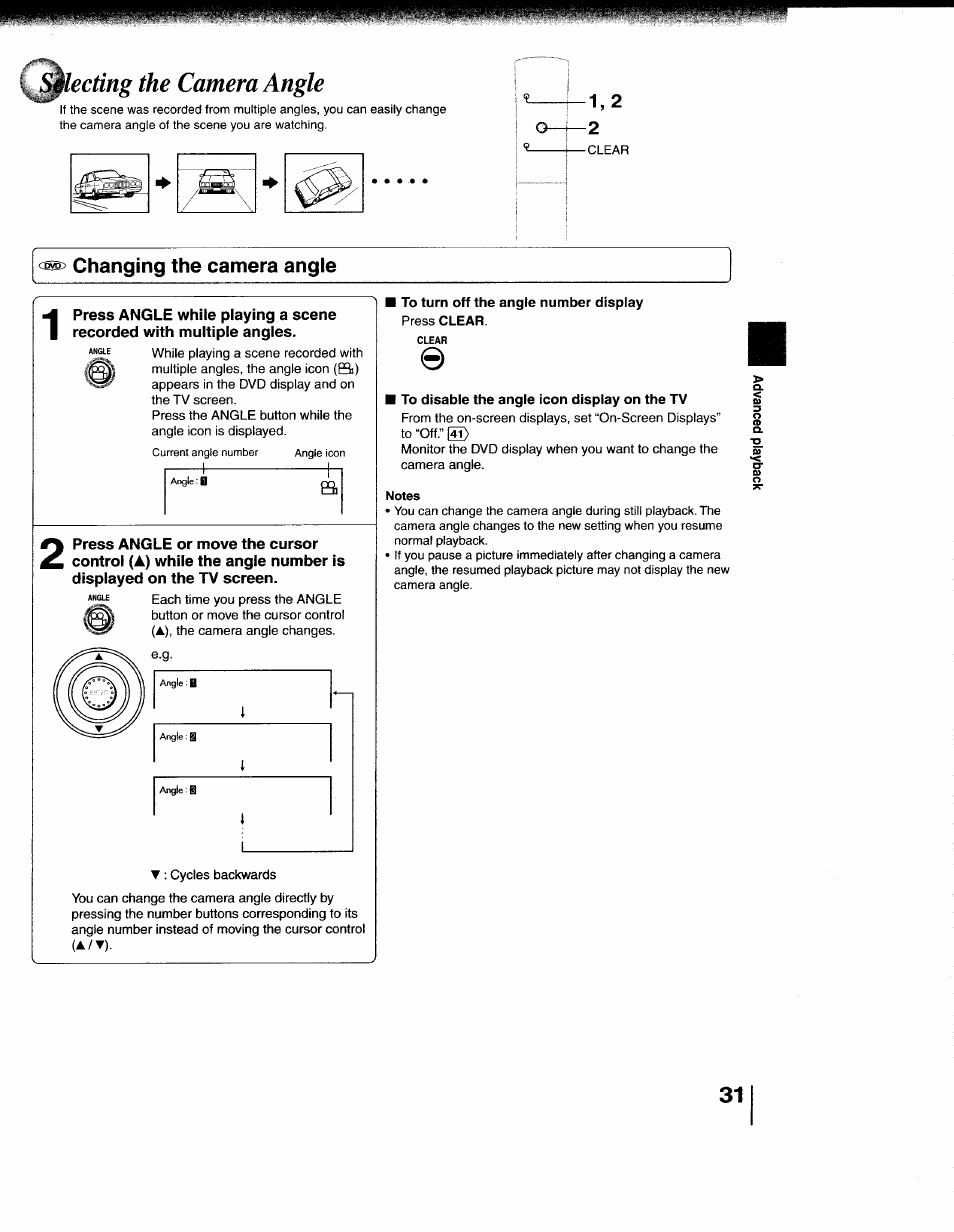 Changing the camera angle, Notes, Selecting the camera angle | Toshiba 79077075 User Manual | Page 31 / 48