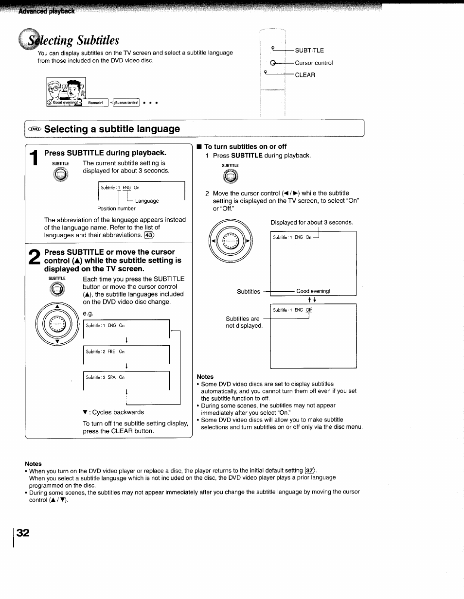 Selecting a subtitle language, Notes, Selecting a subtitie language | Selecting subtitles, Press subtitle during playback | Toshiba 79077075 User Manual | Page 32 / 48