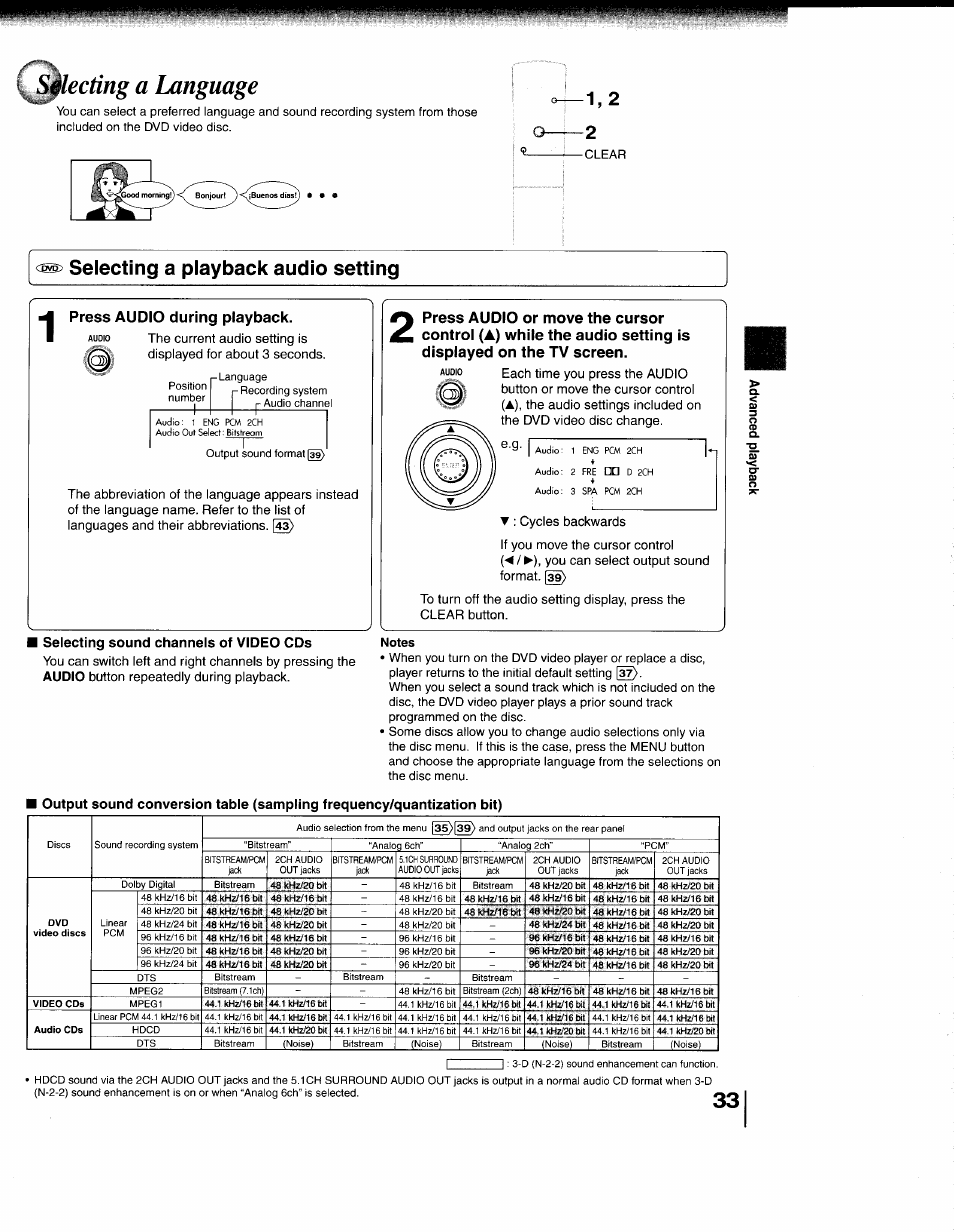 Selecting a playback audio setting, Press audio during playback, Notes | Selecting a language, Selecting sound channels of video cds, O_ o | Toshiba 79077075 User Manual | Page 33 / 48