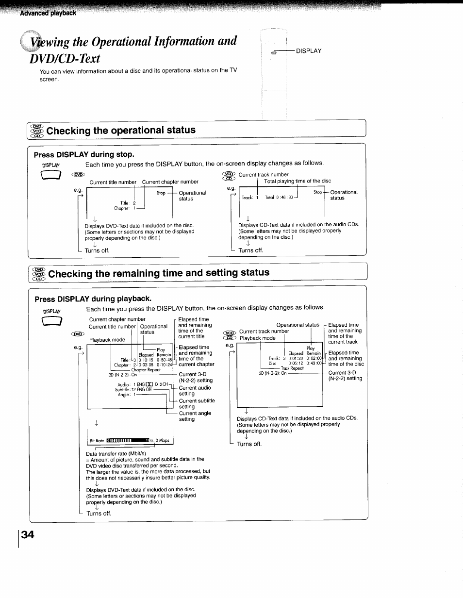 Checking the operational status, Press display during stop, Checking the remaining time and setting status | Press display during playback, Checking the remaining time and setting, Status | Toshiba 79077075 User Manual | Page 34 / 48