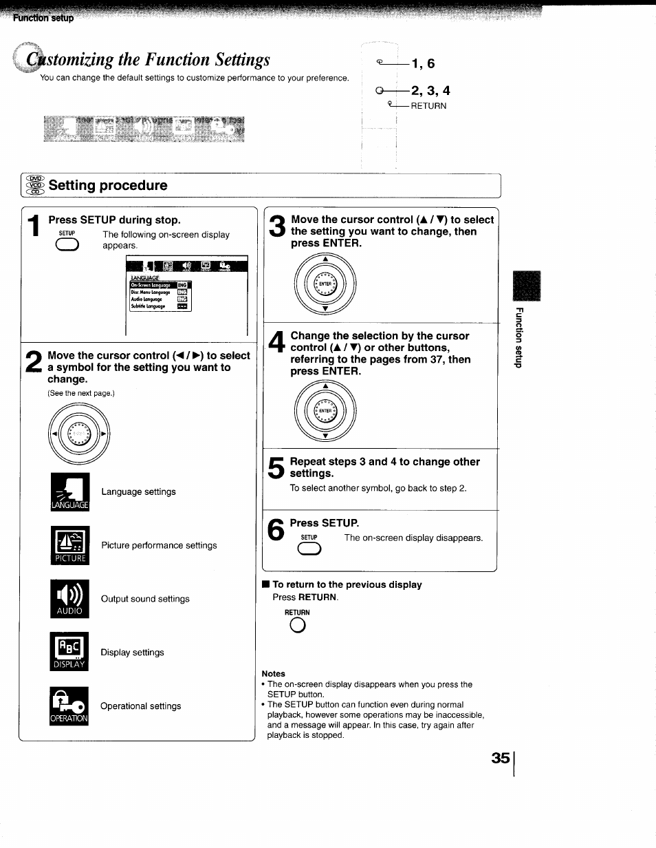Setting procedure, Notes, Ctstomizing the function settings | Toshiba 79077075 User Manual | Page 35 / 48