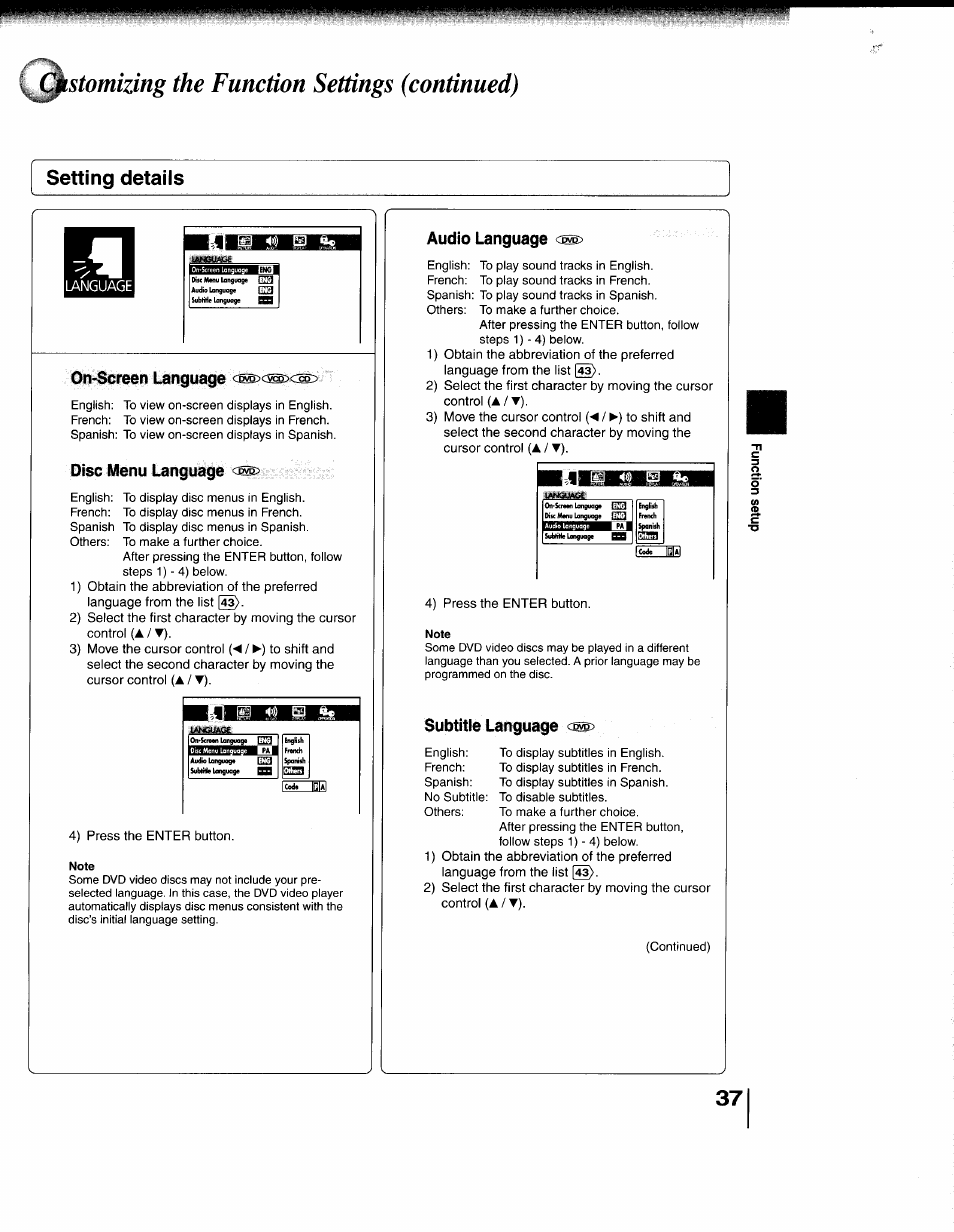 Setting details, Customizing the function settings (continued), On-screen language | Disc menu language, Audio language c, Subtitle language | Toshiba 79077075 User Manual | Page 37 / 48