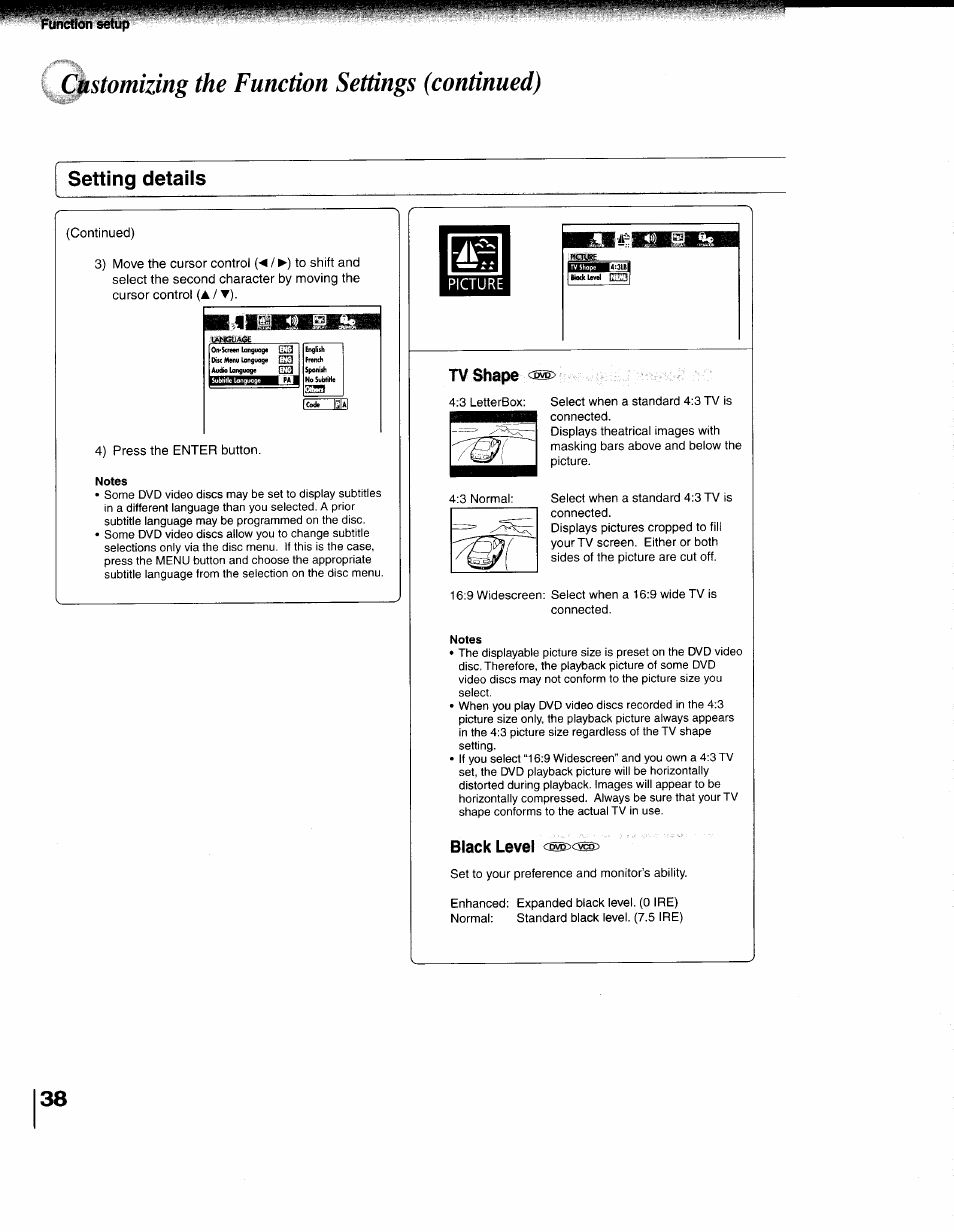 Setting details, Customizing the function settings (continued), Tv shape | Black level c, List | Toshiba 79077075 User Manual | Page 38 / 48