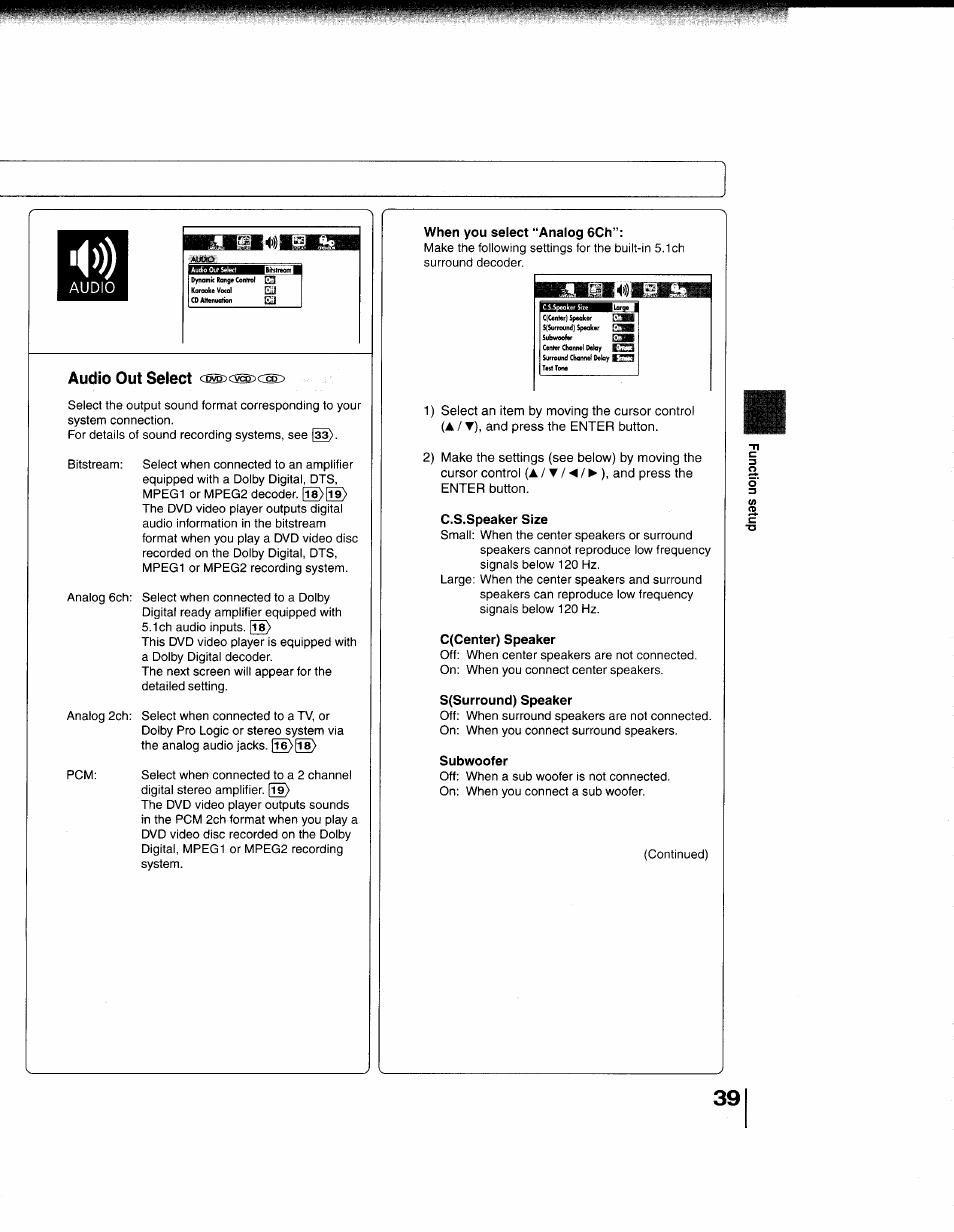 Audio out select | Toshiba 79077075 User Manual | Page 39 / 48