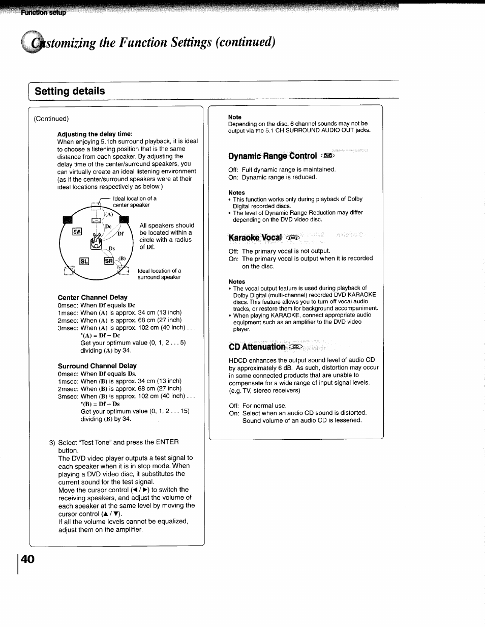 Setting details, Customizing the function settings (continued), Dynamic range control | Karaoke vocal, Cd attenuation | Toshiba 79077075 User Manual | Page 40 / 48