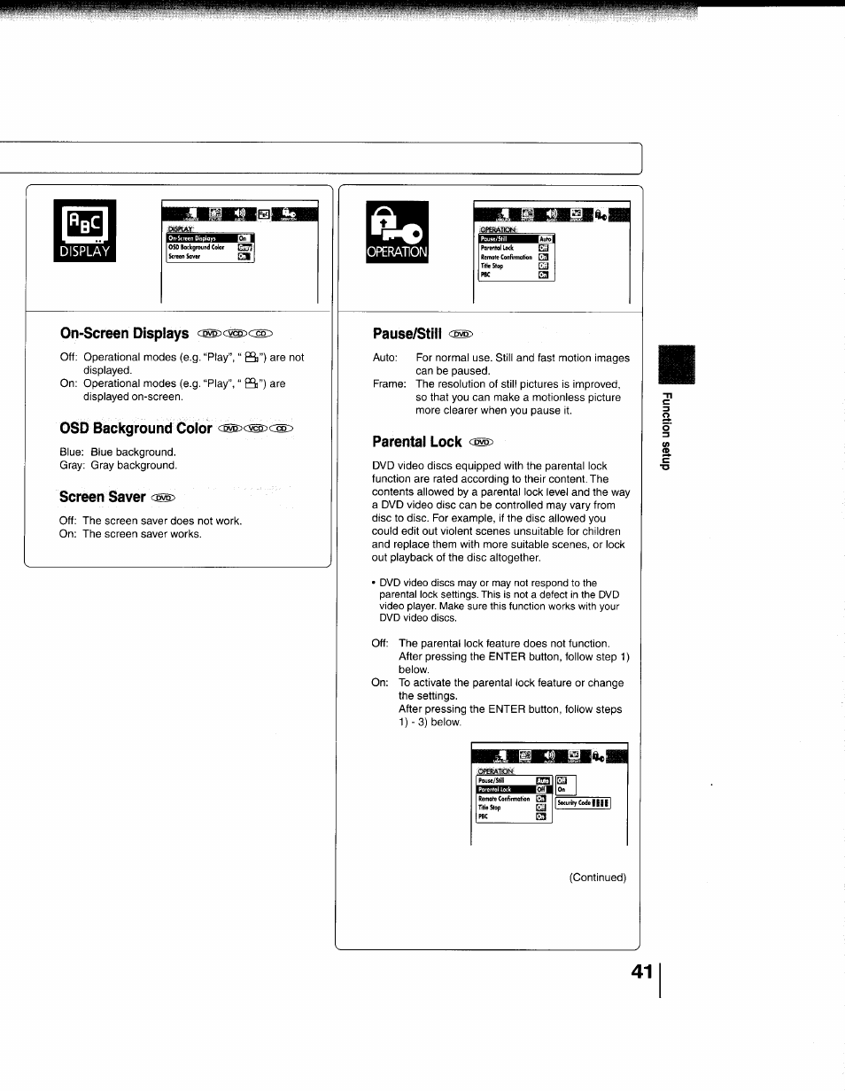 On-screen displays, Osd background color, Screen saver | Pause^till, Parental lock, Display | Toshiba 79077075 User Manual | Page 41 / 48