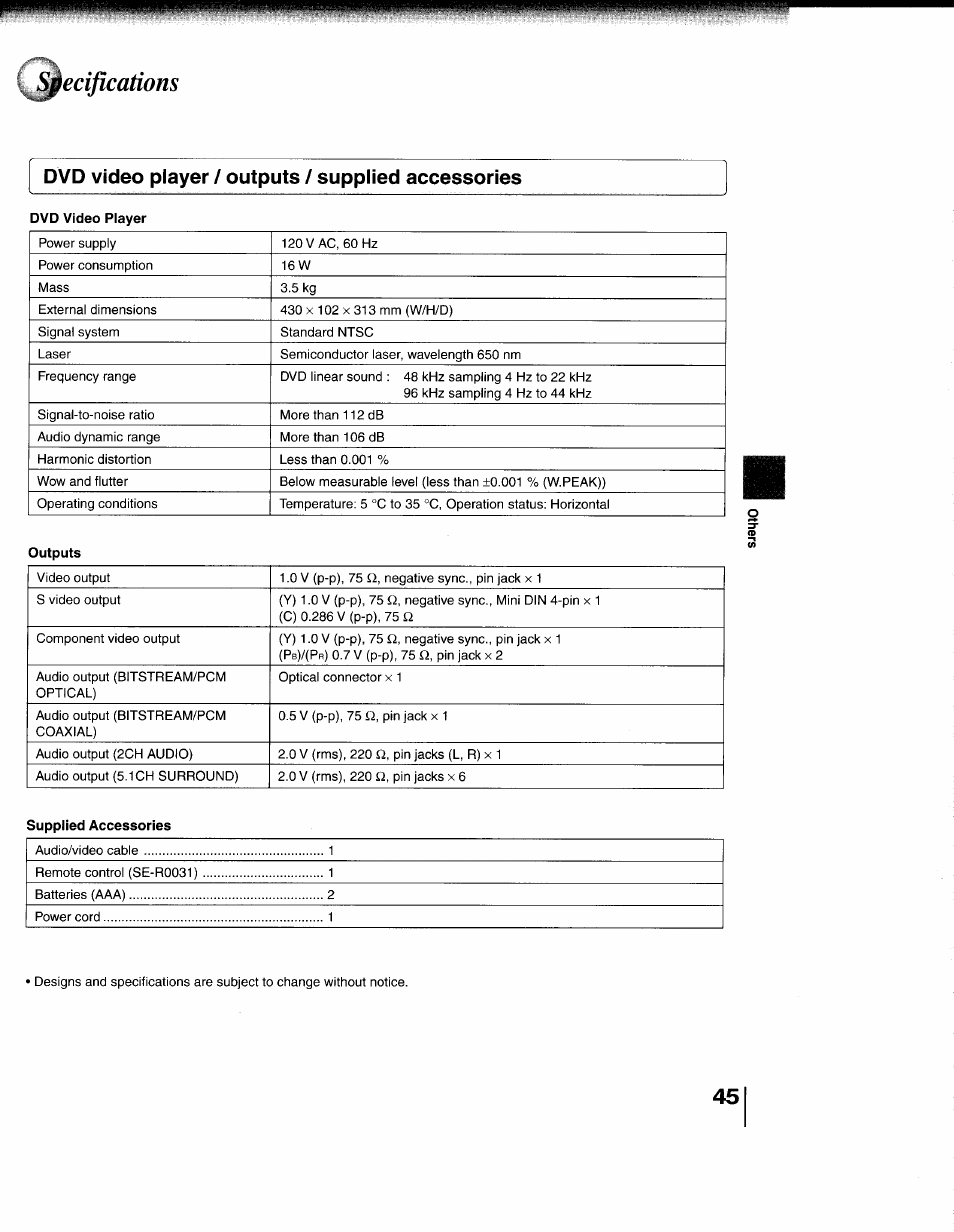 Dvd video player / outputs / supplied accessories, X^ecificatìons, Dvd video player | Outputs, Supplied accessories | Toshiba 79077075 User Manual | Page 45 / 48