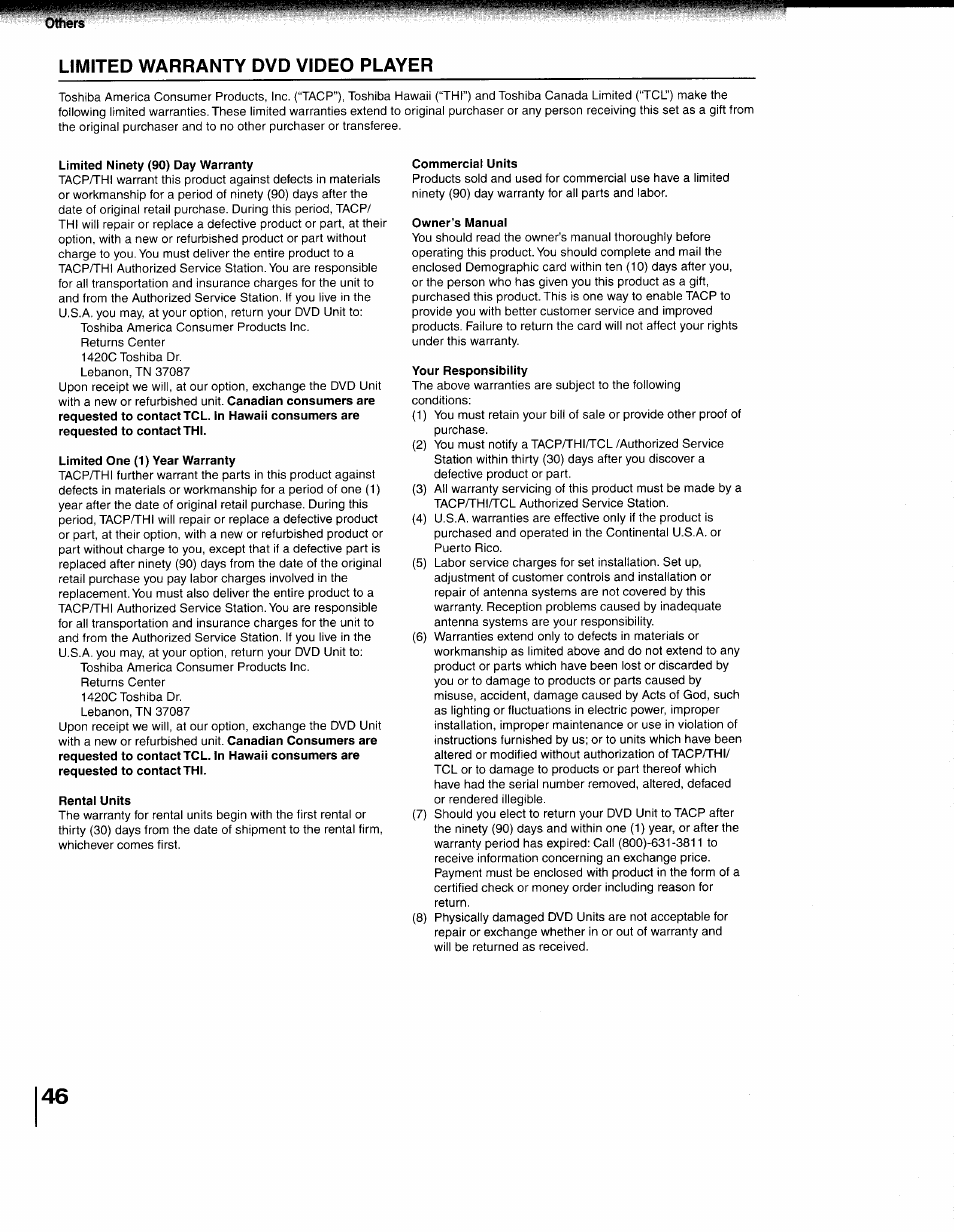 Limited warranty dvd video player | Toshiba 79077075 User Manual | Page 46 / 48