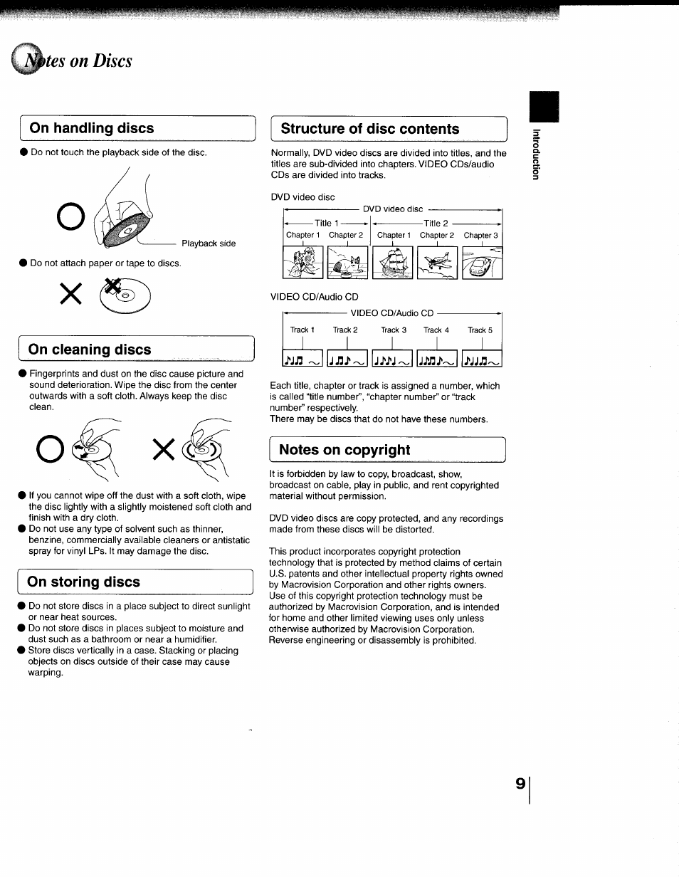 On handling discs, On cleaning discs, Structure of disc contents | Tes on discs, On storing discs | Toshiba 79077075 User Manual | Page 9 / 48