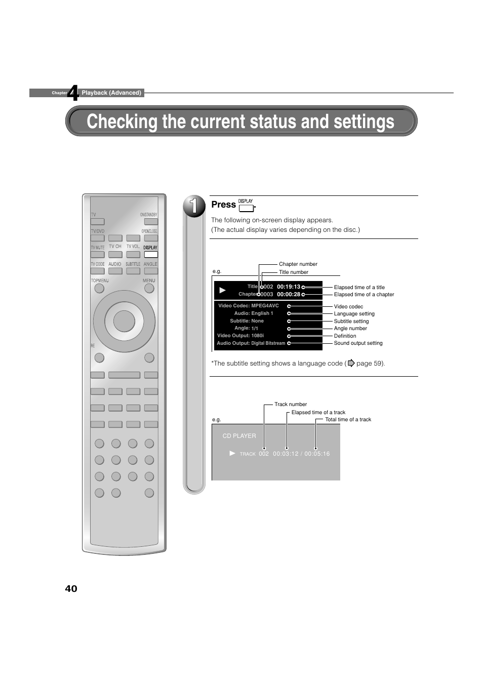 Checking the current status and settings, Press | Toshiba HD-A20KU User Manual | Page 40 / 76