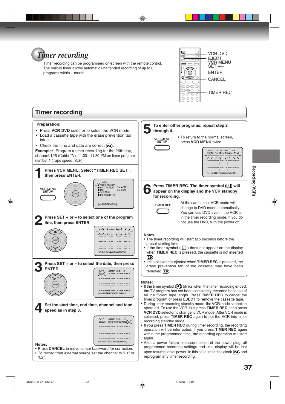 Timer recording | Toshiba DVD Video Player SD-V394SU User Manual | Page 37 / 72