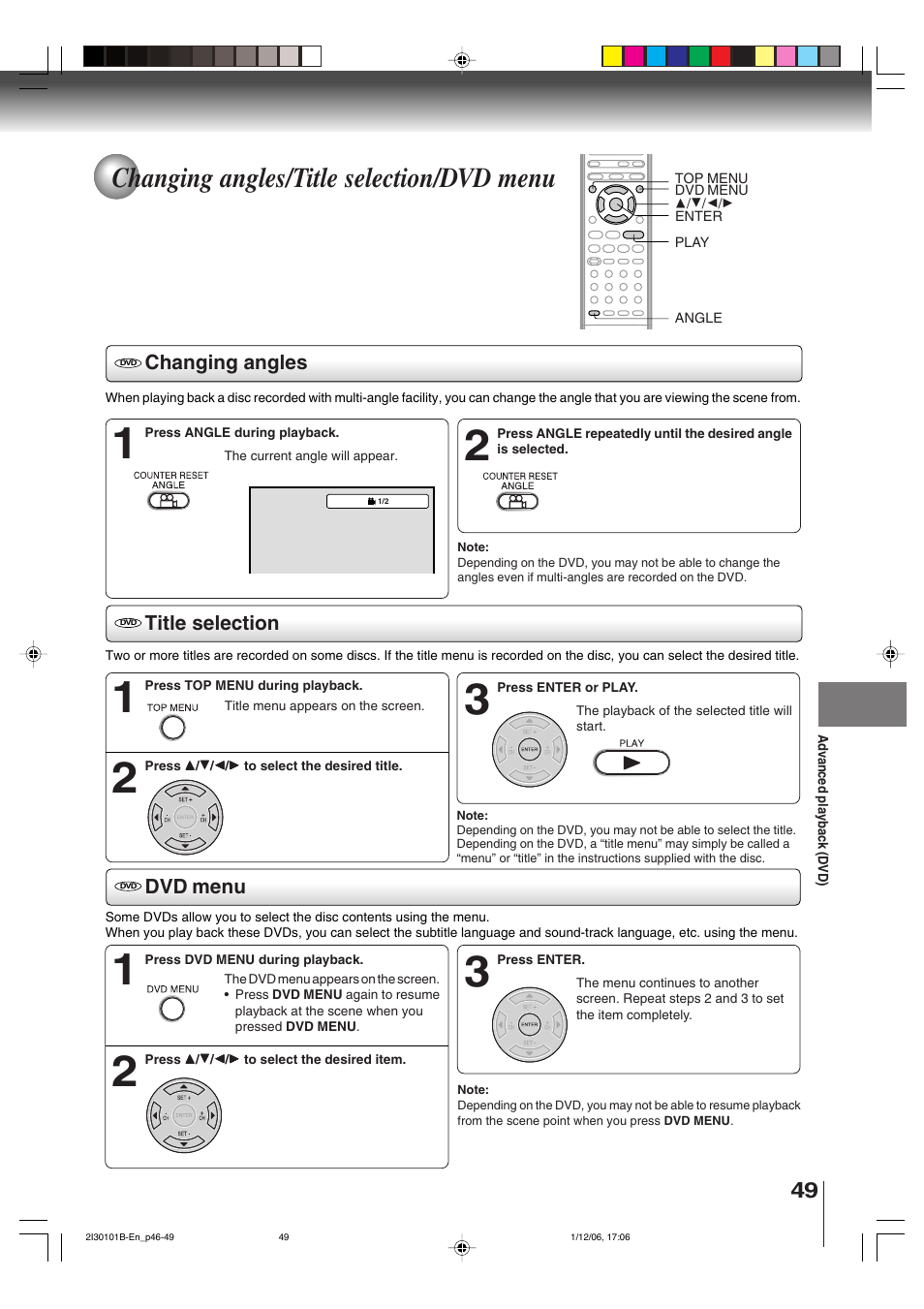 Changing angles/title selection/dvd menu, Changing angles title selection dvd menu | Toshiba DVD Video Player SD-V394SU User Manual | Page 49 / 72