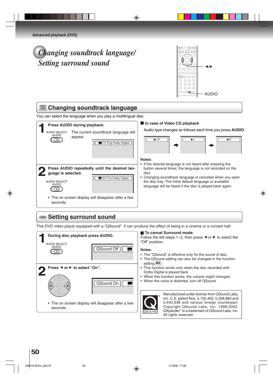 Changing soundtrack language, Setting surround sound | Toshiba DVD Video Player SD-V394SU User Manual | Page 50 / 72