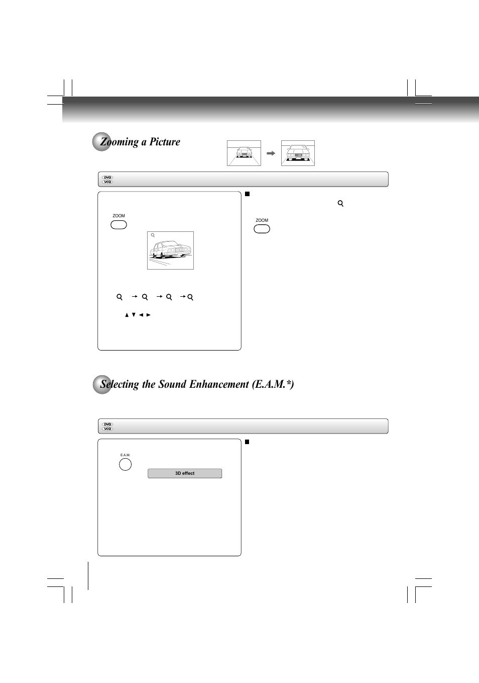 Zooming a picture, Selecting the sound enhancement (e.a.m.*), Selecting the sound enhancement | Toshiba SD-480EKE User Manual | Page 24 / 40
