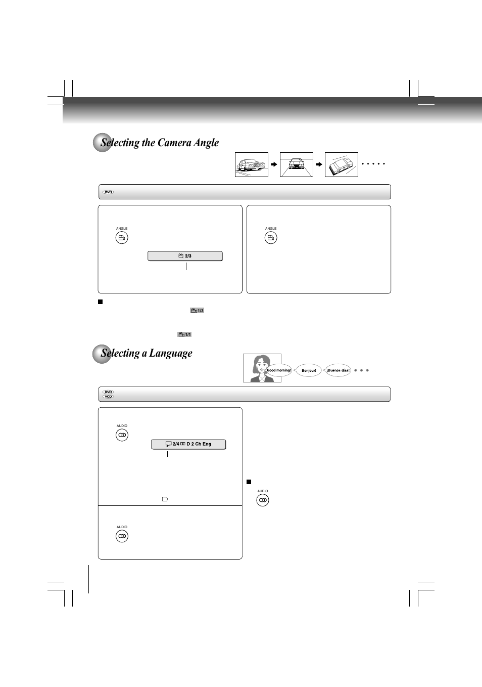 Selecting the camera angle, Selecting a language | Toshiba SD-480EKE User Manual | Page 26 / 40